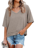 Cicy Bell Womens Summer V Neck T Shirts Casual Short Sleeve Flowy Tops Cute Loose Fit Basic Tees Khaki