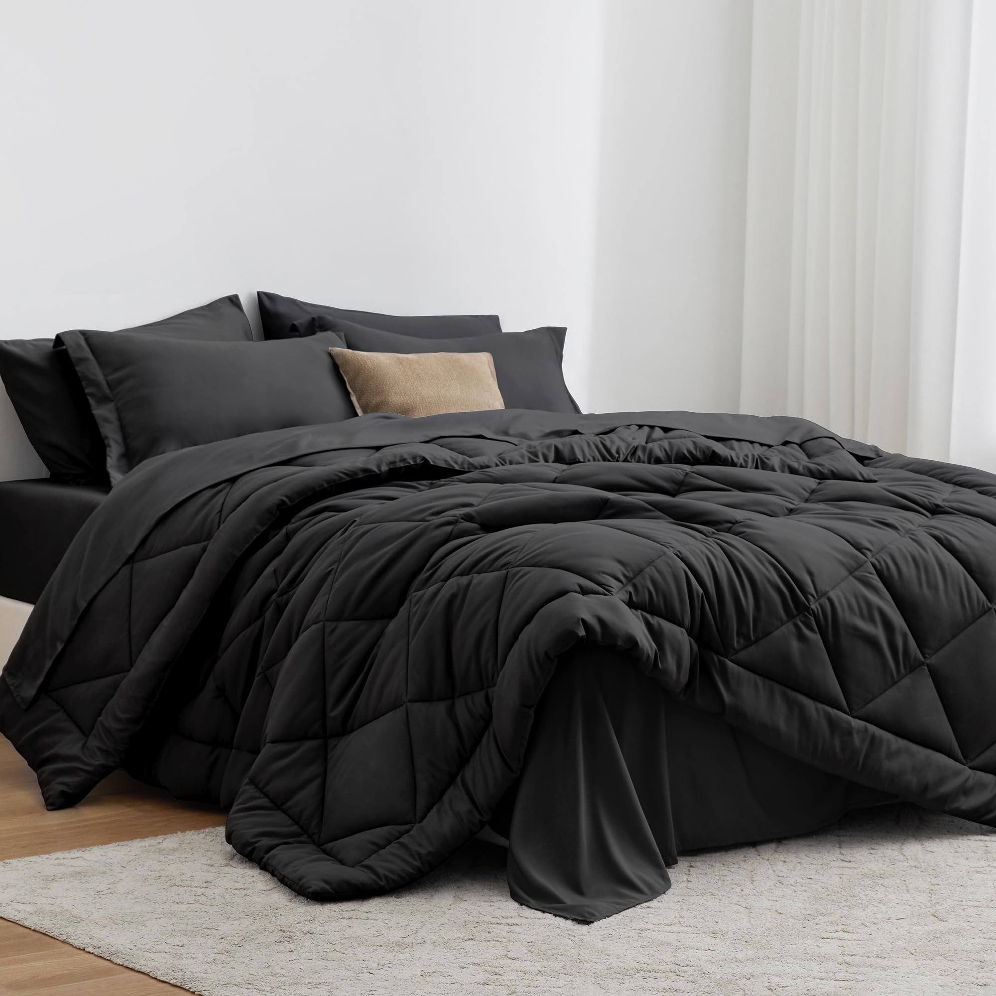Love's cabin Queen Comforter Set Black, 7 Pieces Queen Bed in a Bag, All Season Bedding Sets with 1 Comforter, 1 Flat Sheet, 1 Fitted Sheet, 2 Pillowcase and 2 Pillow Sham