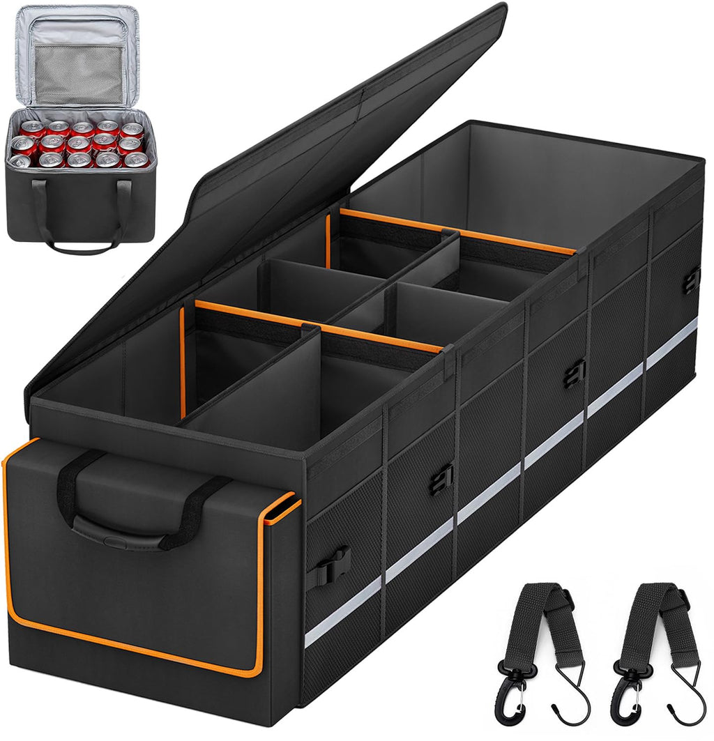 Car Trunk Organizer and Storage with Lid & Removable Leakproof Cooler Bag, Car Accessories 6 Removable Dividers for Custom Space, Collapsible Large Trunk Organizers Interior for SUV Sendan with Cover