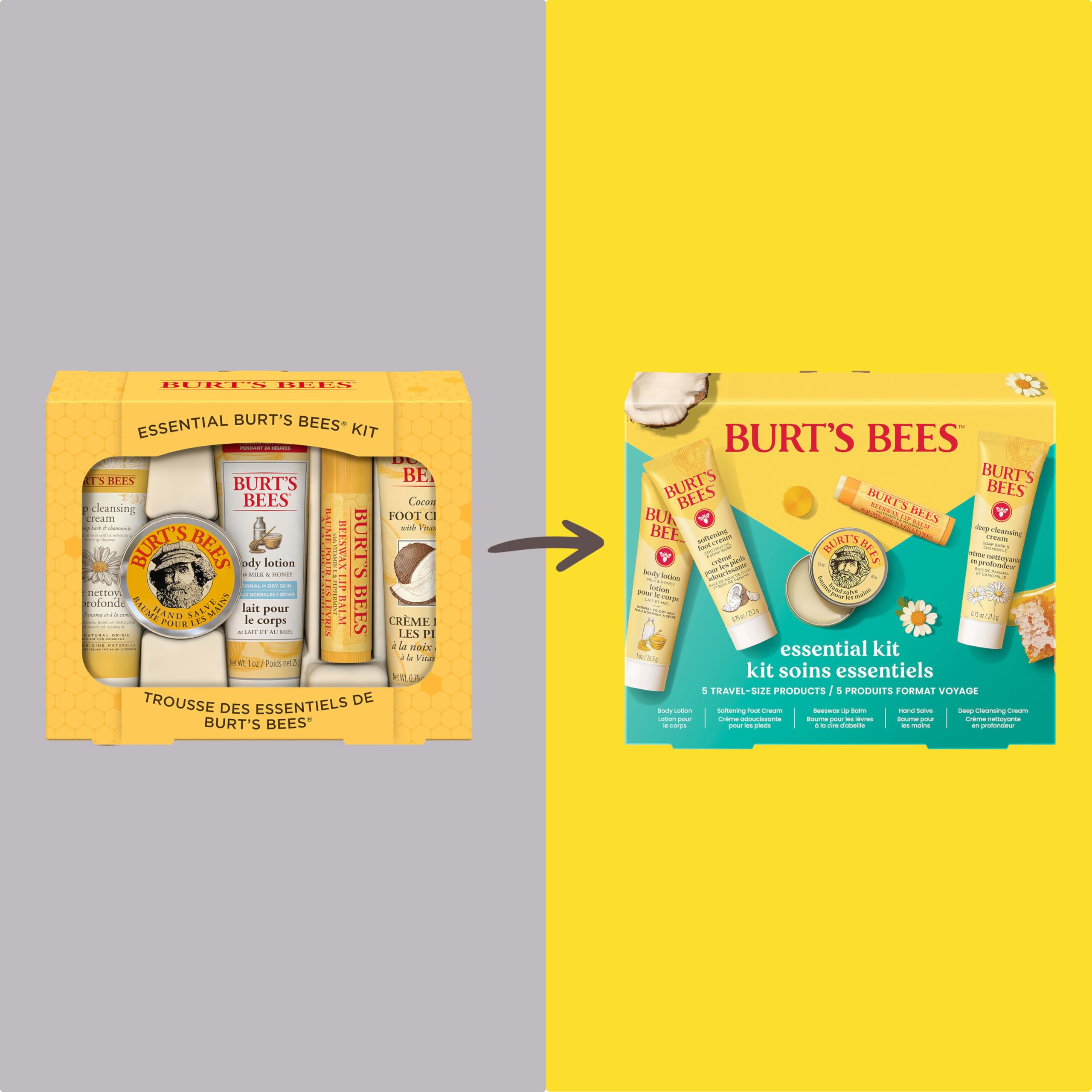 Burt's Bees Valentine's Day Gift Ideas - Essentials Everyday Set, 5 Travel Size Products - Deep Cleansing Cream, Hand Salve, Body Lotion, Foot Cream and Original Lip Balm