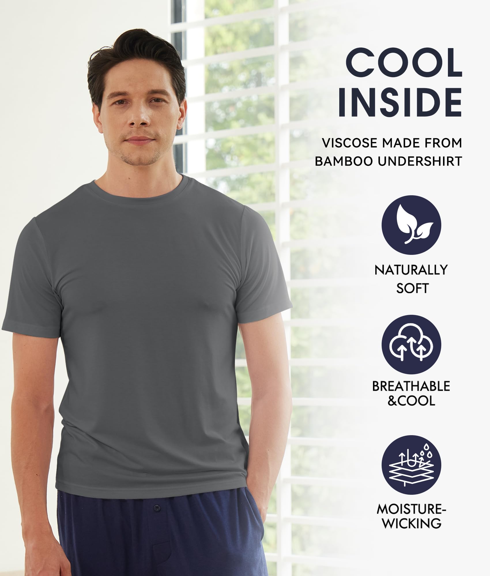 BAMBOO COOL Men's Undershirts Moisture Wicking Crewneck T Shirts, Breathable Stretch Soft Tees for Men, 6 Pack
