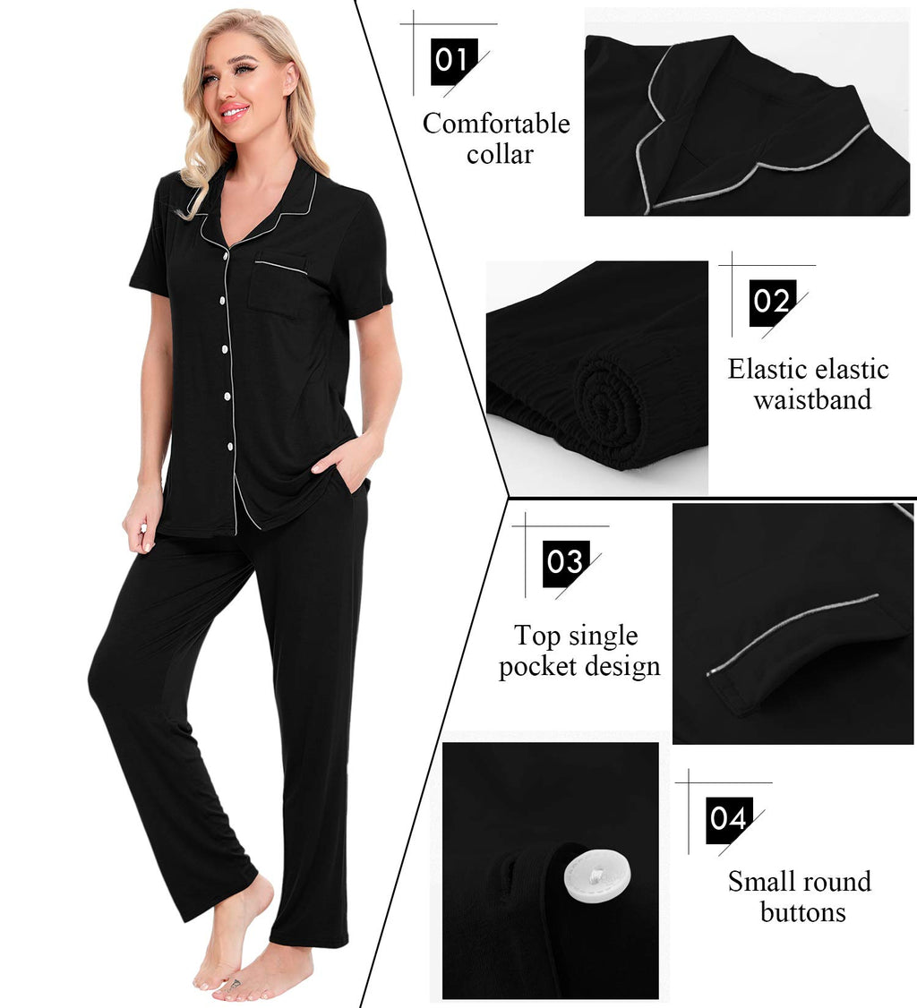 SWOMOG Women Pajama Sets Two-Piece Nightwear Short Sleeve Sleepwear Button Down Pj Lounge Sets with Long Pants Black