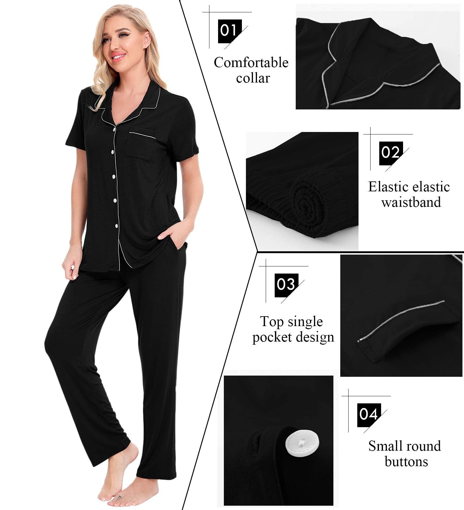SWOMOG Women Pajama Sets Two-Piece Nightwear Short Sleeve Sleepwear Button Down Pj Lounge Sets with Long Pants Black