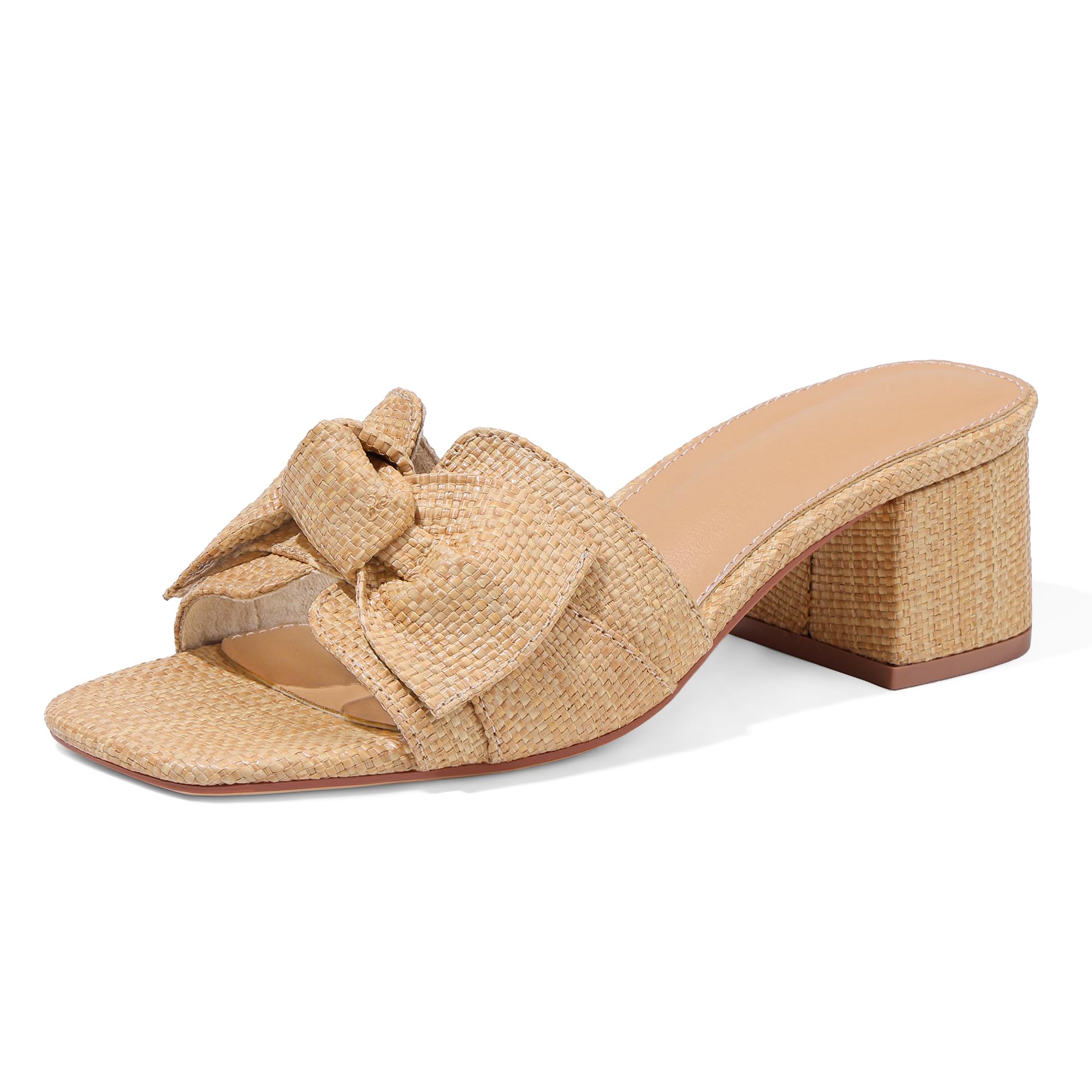 Erocalli Heeled Sandals for Women Raffia Sandals Chunky Block Heels Square Toe Summer Mules Slip On Dressy Sandal Low Short Heels With Bow