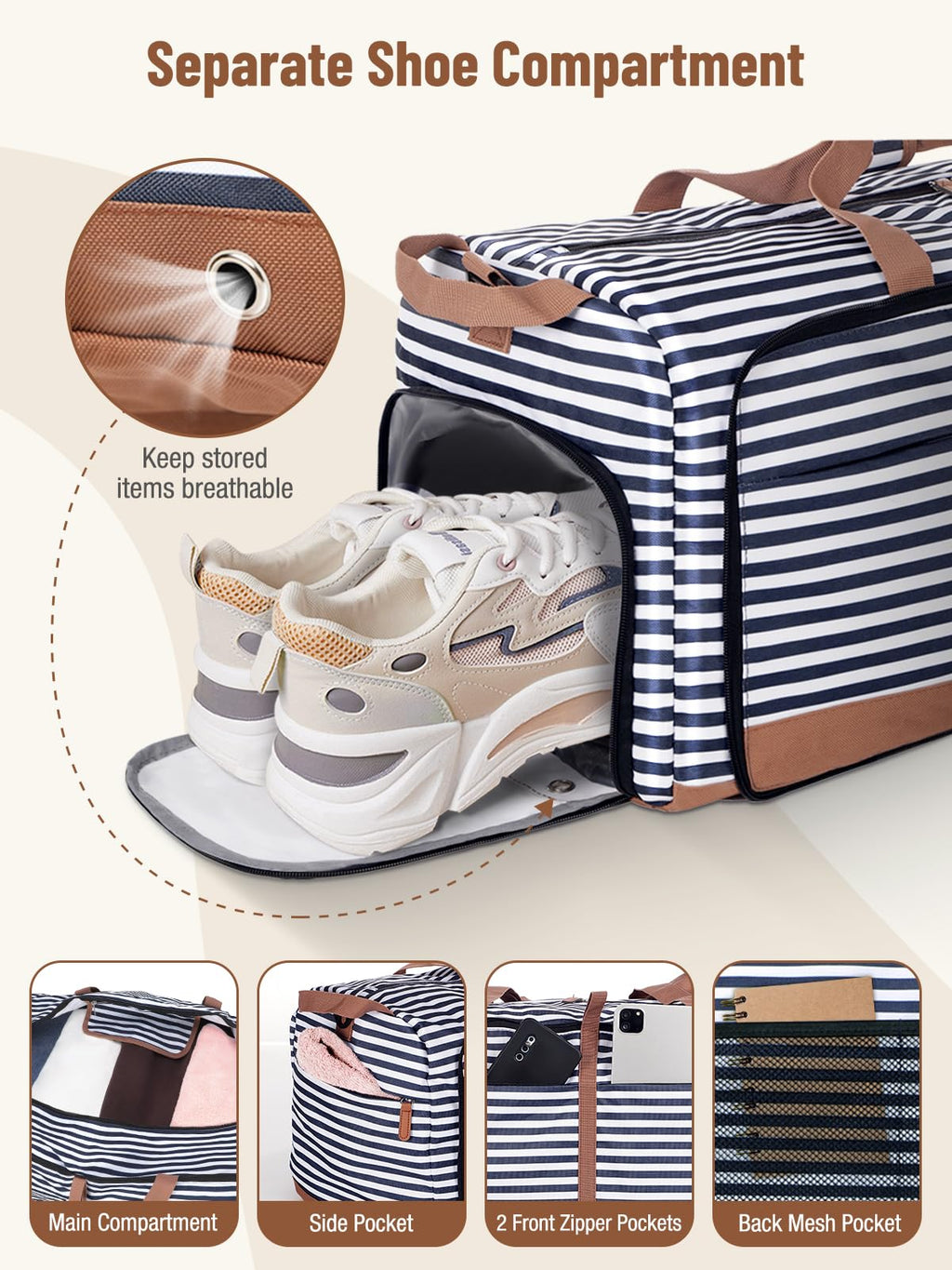 Lekesky Foldable Travel Duffle Bag for Women, 80L Large Duffel Bag with Separate Shoes Compartments & Straps, Carry On Weekend Bag for Women, Hospital, Overnight (Blue Stripes)