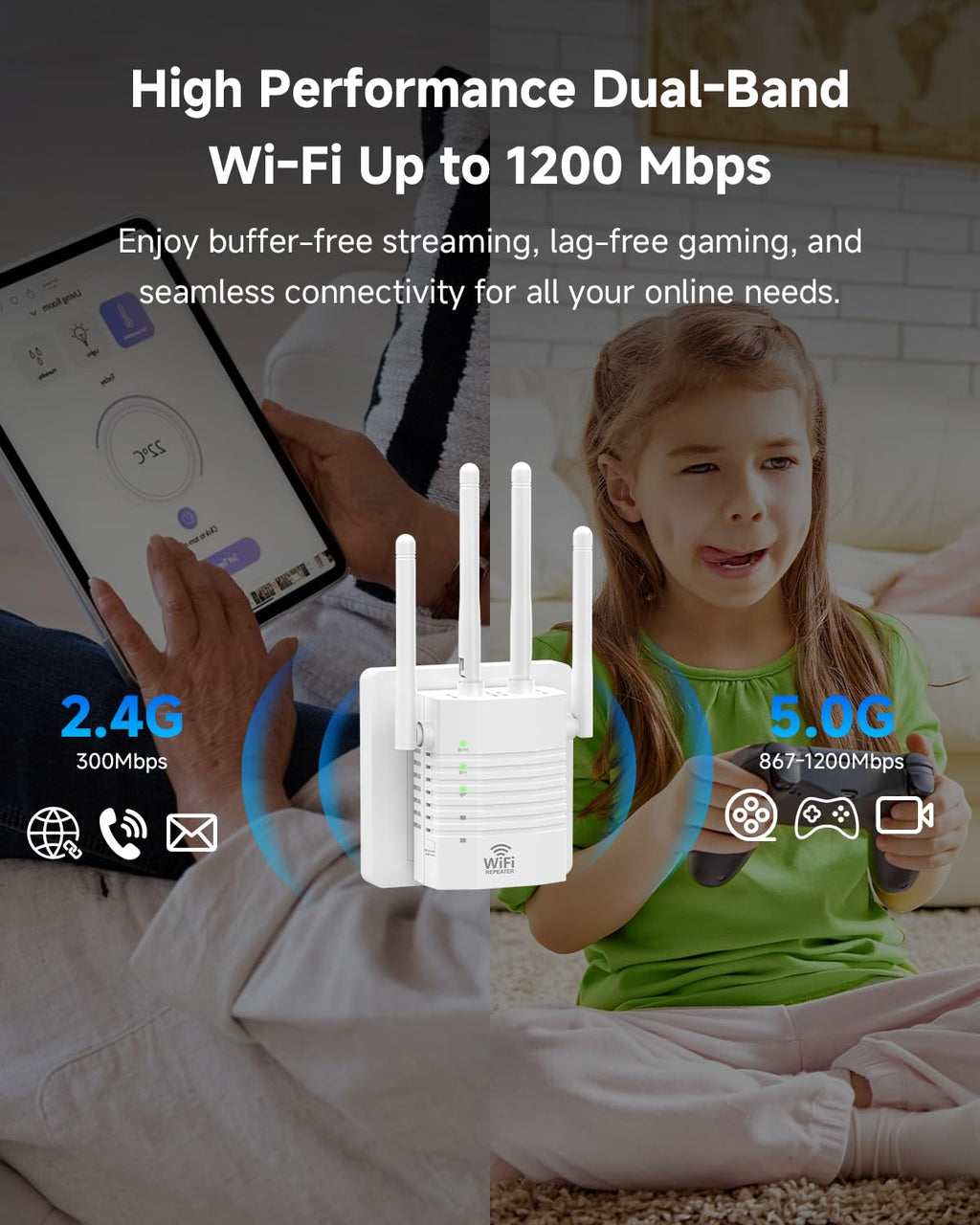 WiFi Extender Supports 105 Devices, 1.2Gbps Home Signal Booster,WiFi Extender Signal Booster with Dual Band 5GHz/2.4GHz, WiFi Booster Up to 12880 Sq.ft, EasyMesh Compatible, One Ethernet Port
