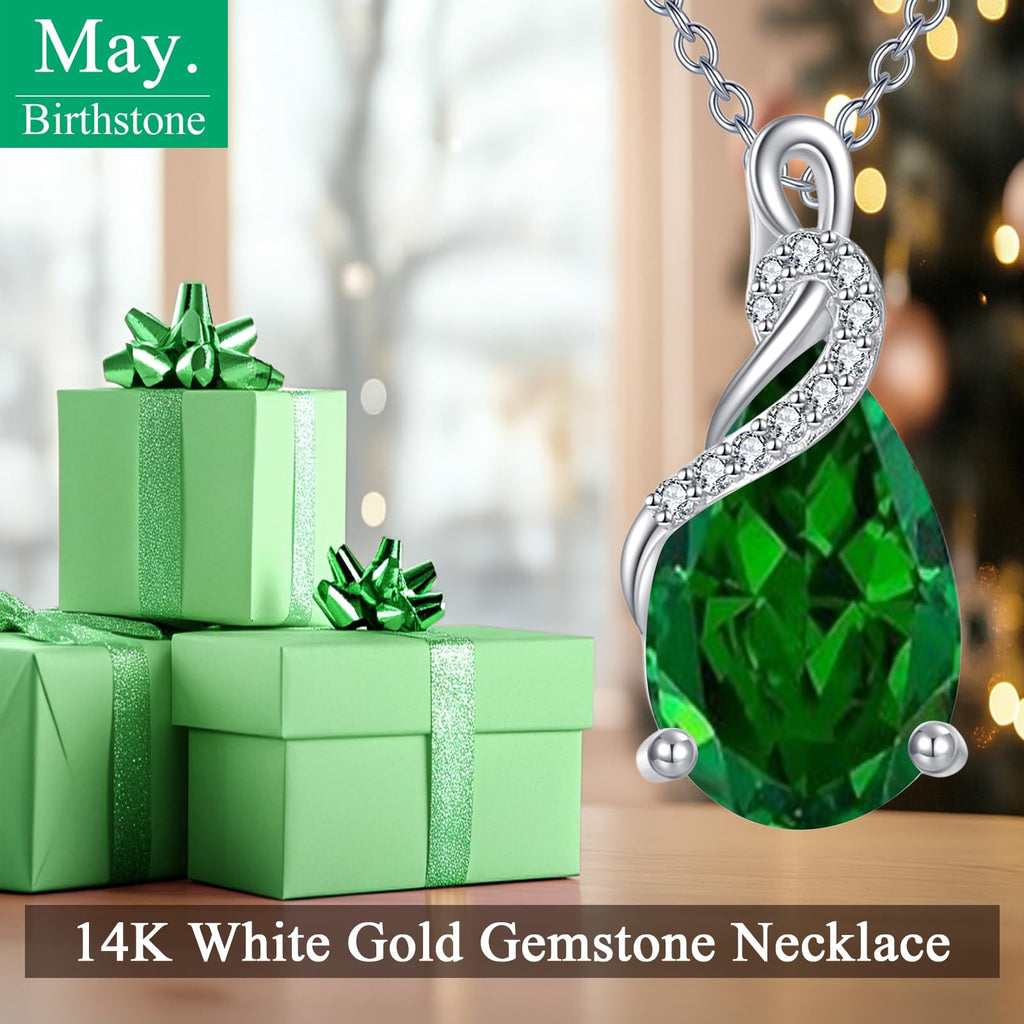 Yafeeso 14K Real White Gold Teardrop Created Emerald Necklace for Women Pear Cut Birthstone Pendant Necklaces Christmas Birthday Jewelry Gifts for Mom Wife Her, Sterling Silver Chain 18" + 2"