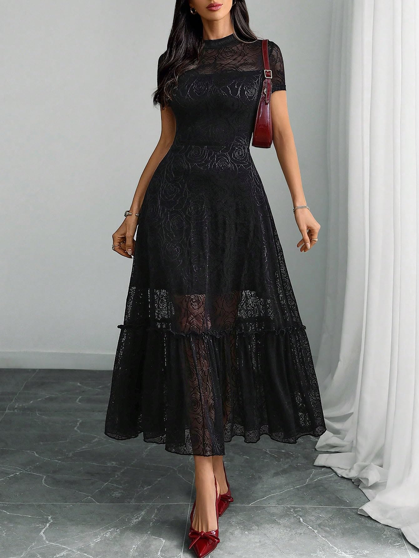 GothDark Womens Elegant Vintage Floral Lace Dress Short Sleeve Double Layer Gothic Midi Wedding Guest Cocktail Dresses Black