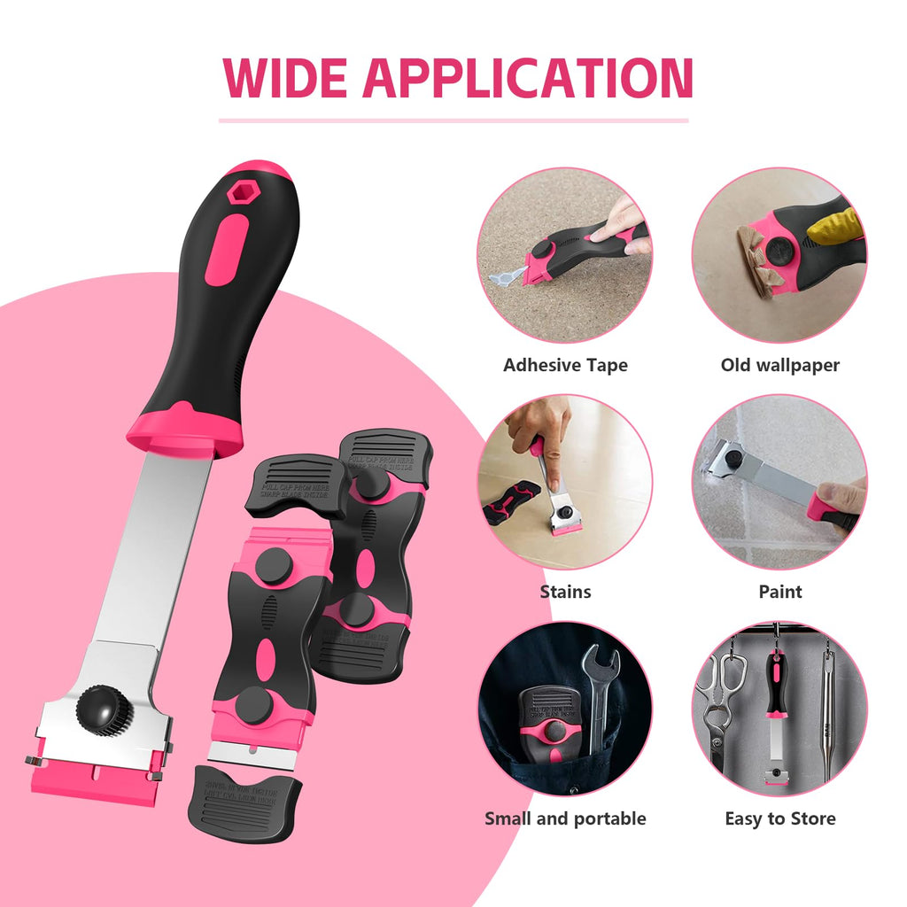 Ywmoml 3 Pack Razor Blade Scraper Set, Includes 30 Plastic & 30 Metal Blades, Multi-Purpose Tool for Glass, Cooktop, Sticker Removal, Paint & Gum Cleaning (Pink)