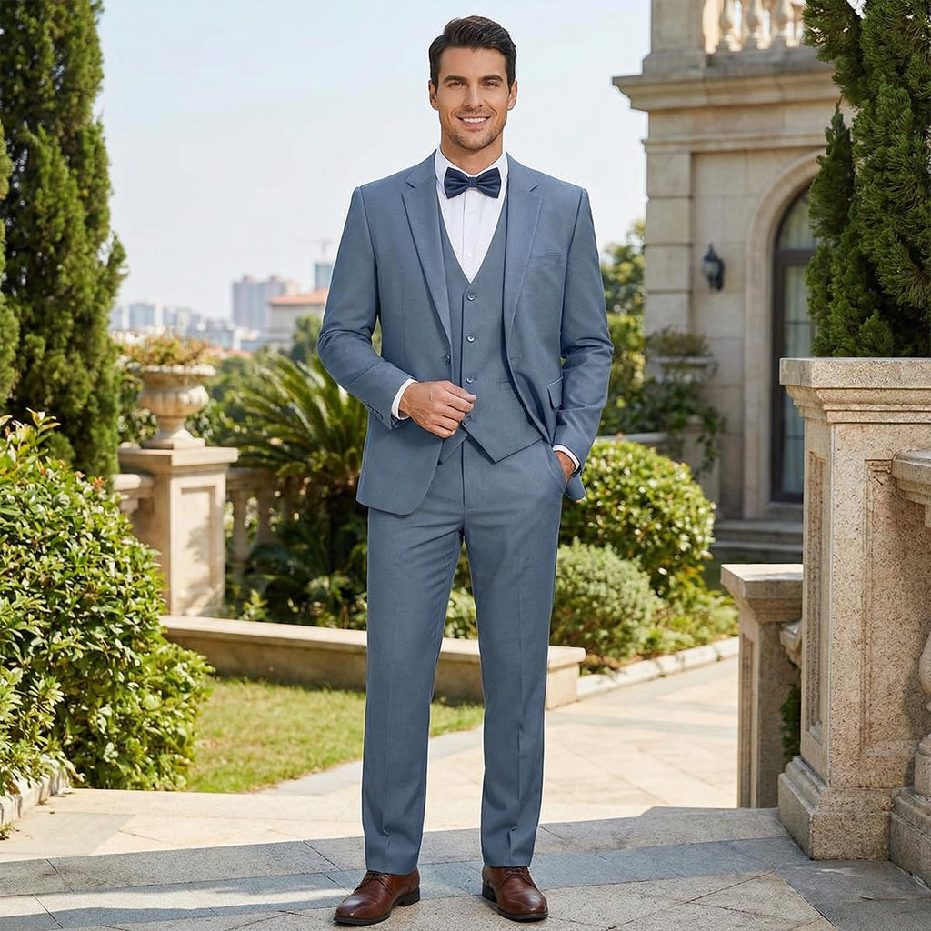 Men's 3-Piece Slim Fit Suit with Bow Tie, Single Button Blazer Vest Pants Set for Wedding Business, Formal Suit for Men Blue Grey