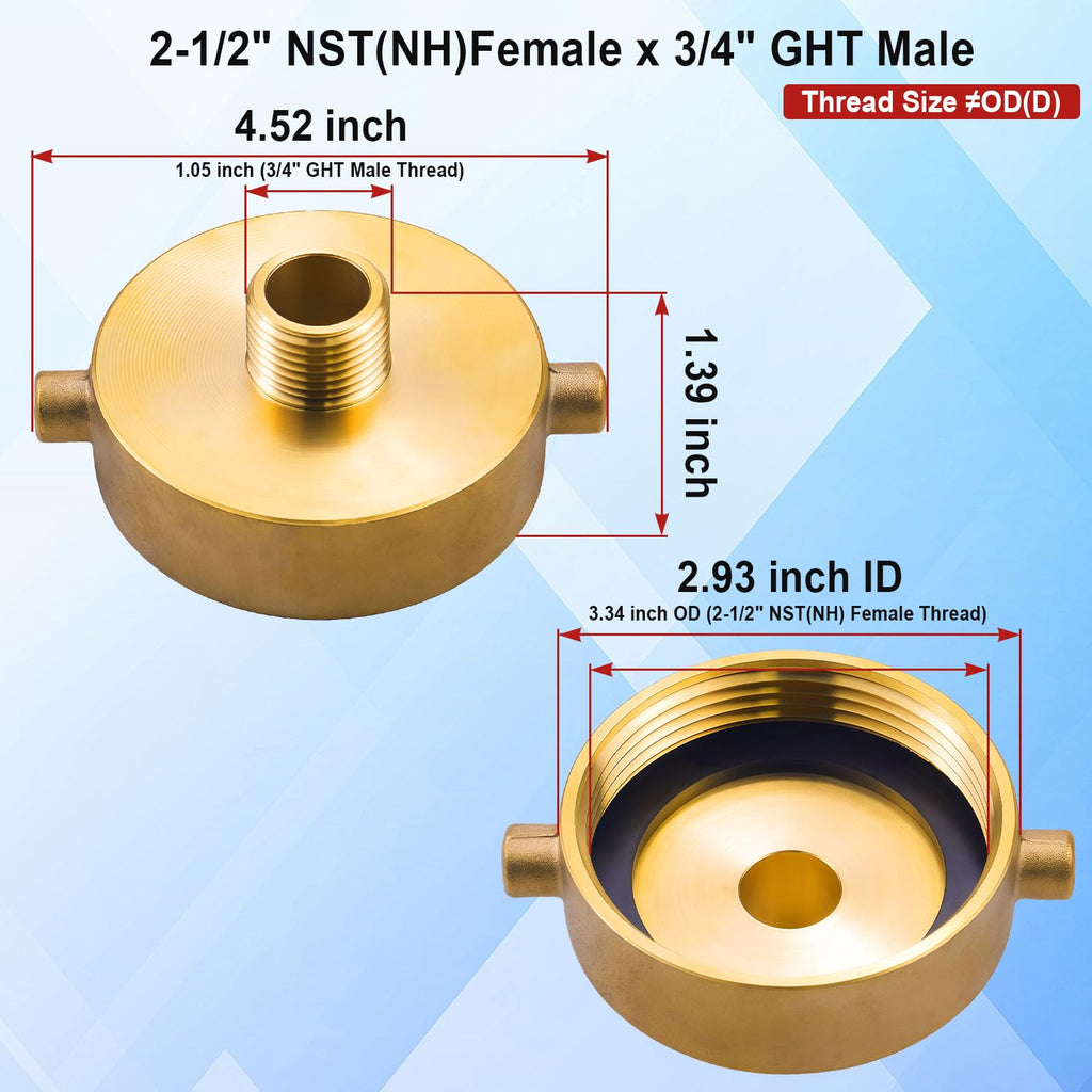 Mejiao Fire Hydrant Adapter, 2-1/2" NST (NH) Female to 3/4" GHT Male Brass Adapter with Pin Lug, Fire Equipment Hydrant to Garden Hose Connector for Fire Hydrants, Hoses, Pipes