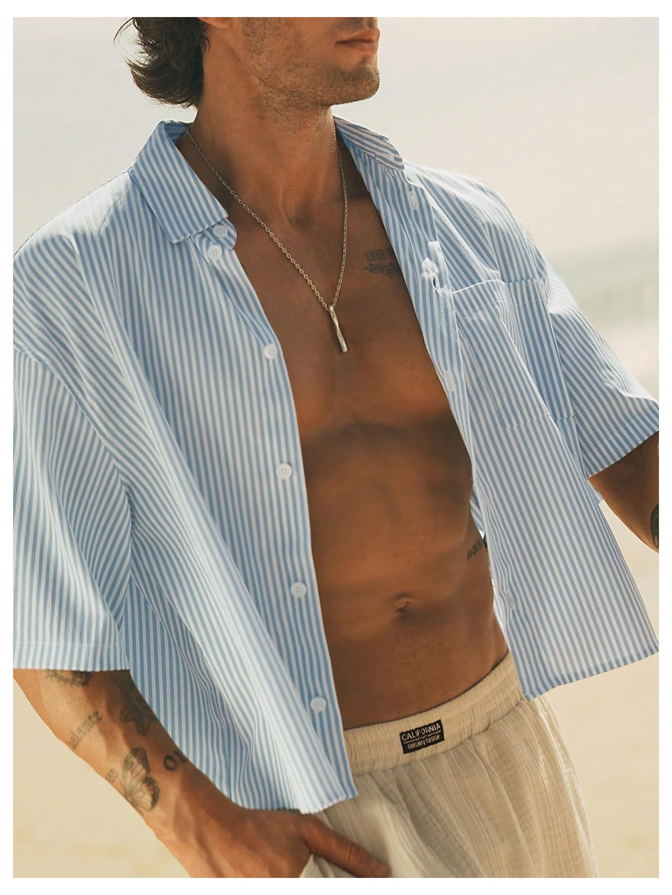 GORGLITTER Men's Cropped Button Up Shirts Striped Short Sleeve Crop Tops Summer Vacation Cruise Outfits Black and White Small