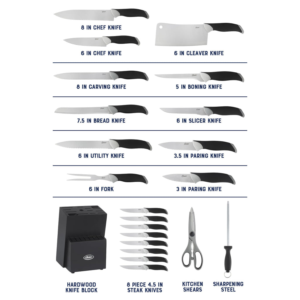Oster Lindbergh 22 Piece High Carbon Stainless Steel Cutlery Kitchen Knife Block Set w/Black Knife Block - Black Handle - Cuchillos Para Cocina