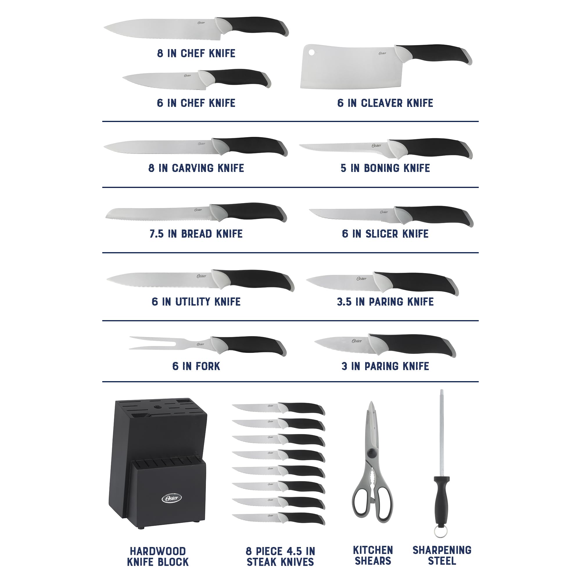 Oster Lindbergh 22 Piece High Carbon Stainless Steel Cutlery Kitchen Knife Block Set w/Black Knife Block - Black Handle - Cuchillos Para Cocina