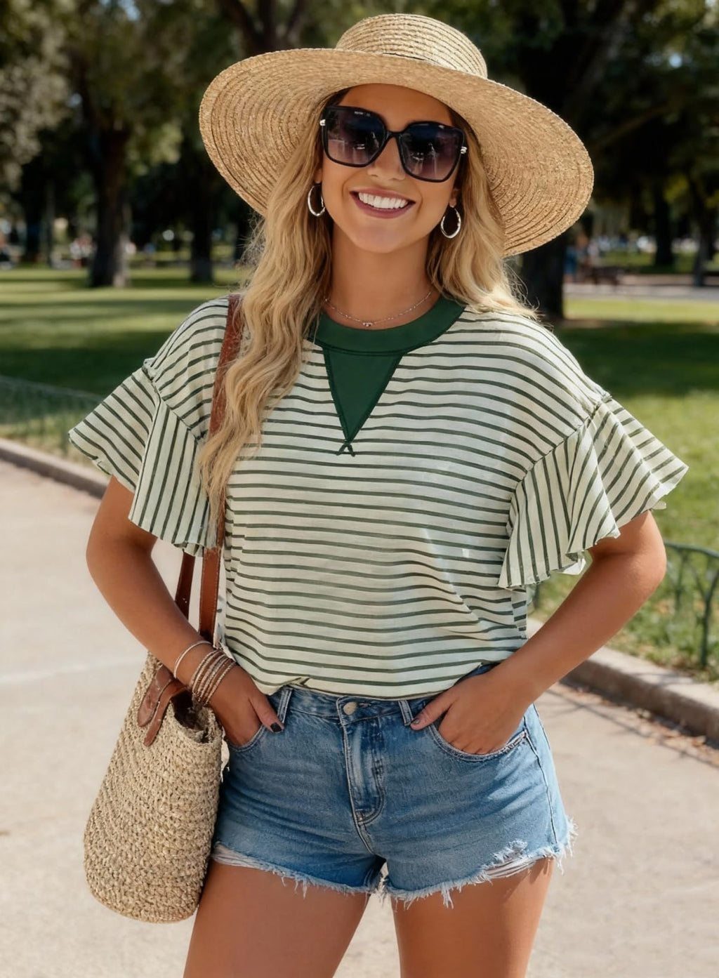 Acelitt Womens Fashion 2026 Summer Casual Crewneck Ruffle Short Sleeve Loose Striped Tshirts Tops Green2 Medium