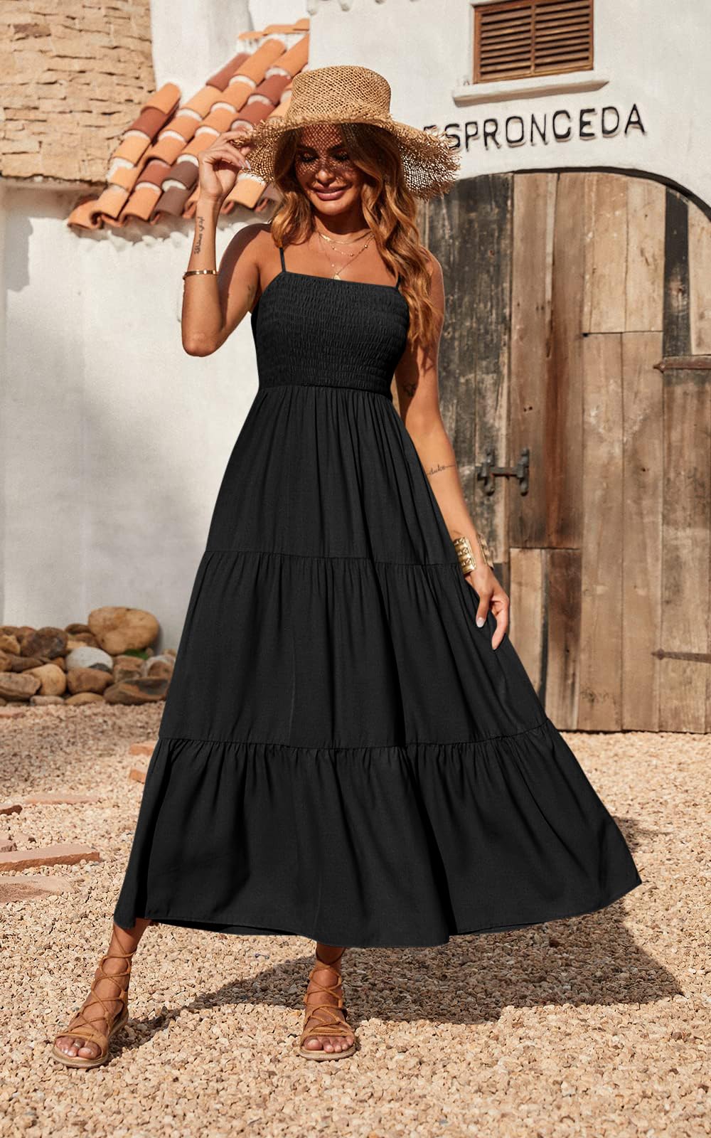 PRETTYGARDEN Women's Summer Maxi Dress 2026 Casual Boho Sleeveless Spaghetti Strap Smocked Tiered Long Beach Vacation Sundresses (Black,S)