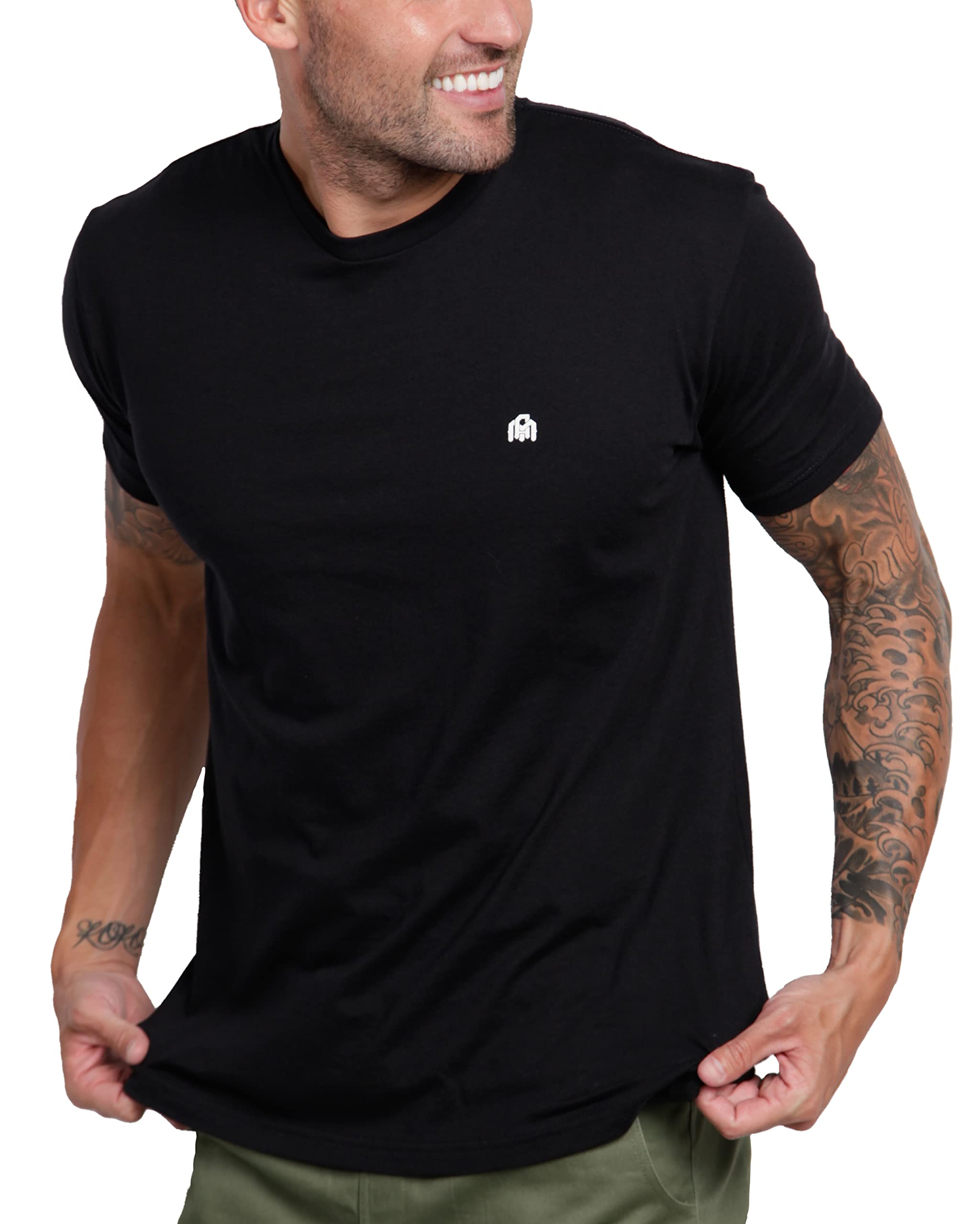 INTO THE AM Men's Logo Basic Tees - Fitted Essential Crewneck Blank T-Shirts Casual Gym Classic Short Sleeve True Fit Fashion Undershirts Tshirts for Guys (Black, Large)