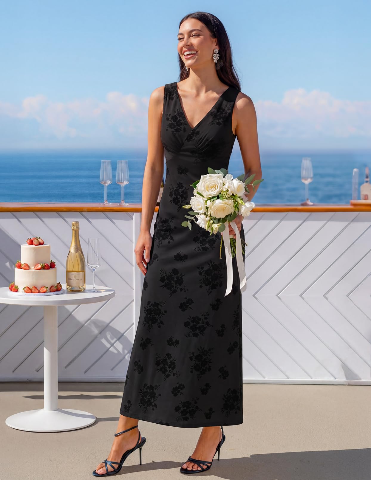 MEROKEETY Women's Summer Sleeveless Floral Bodycon Maxi Dress 2026 Elegant Formal V Neck Wedding Guest Cocktail Party Dresses, Black, Small