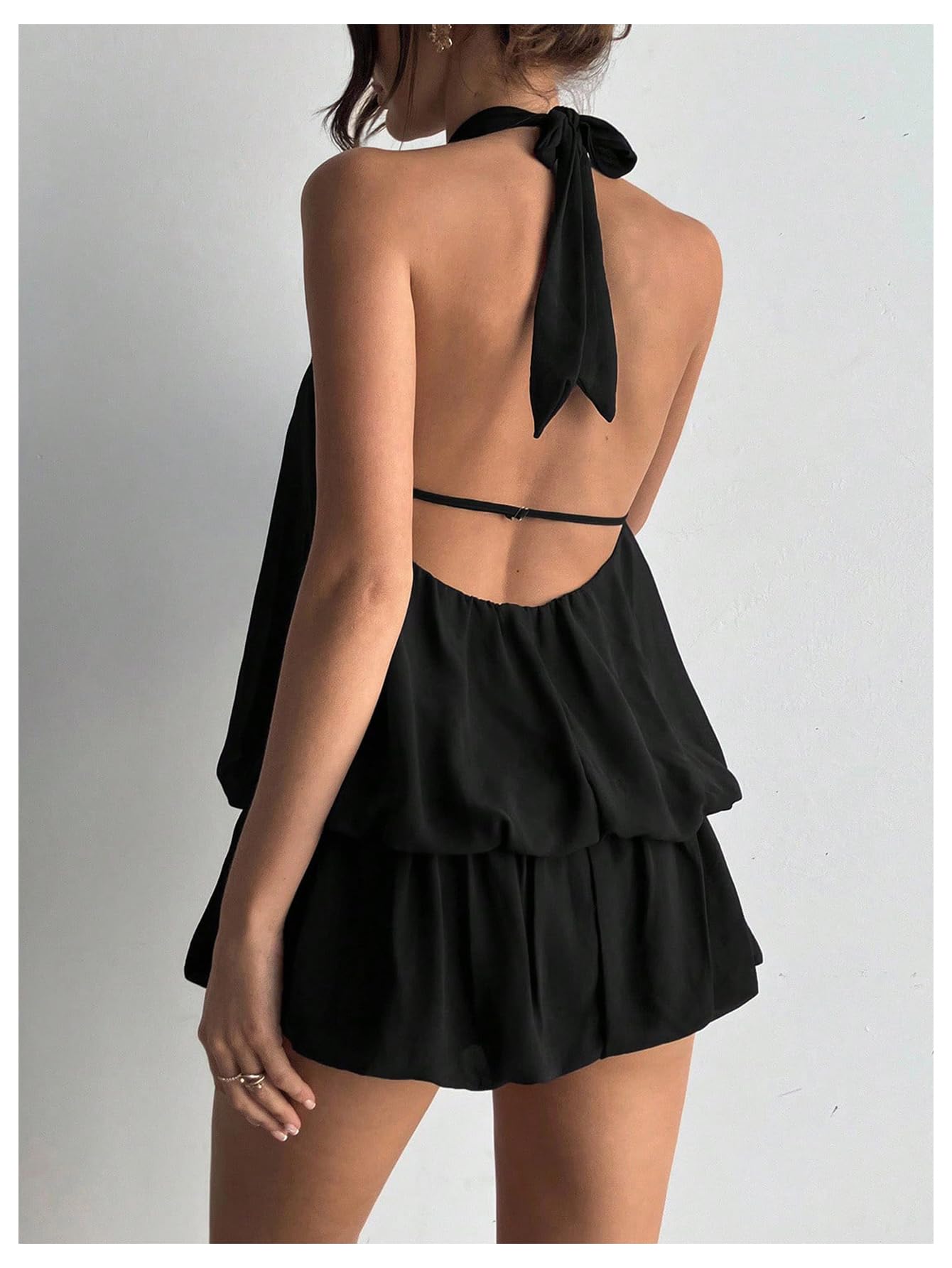 Floerns Women's Y2k Summer Halter Dress Tie Open Back Sleeveless Ruffle Hem Bubble Going Out Mini Dresses Black Small