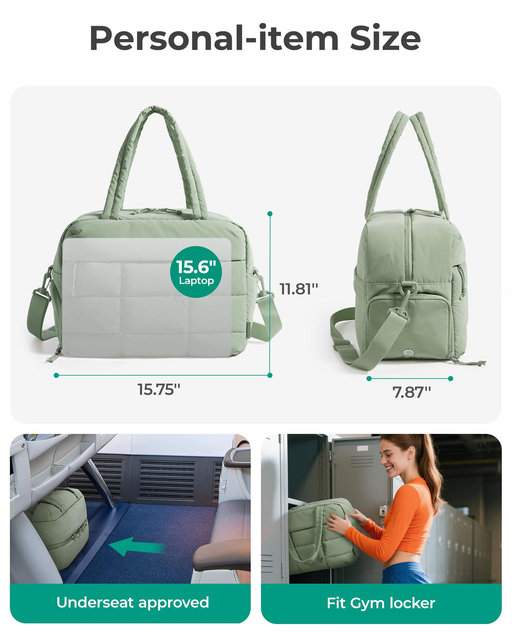 BAGSMART Gym Bag for Women, Carry on Travel Duffel Bag, Water-resistant Weekender with Shoe Compartment for Gym Travel Work, Green, Medium