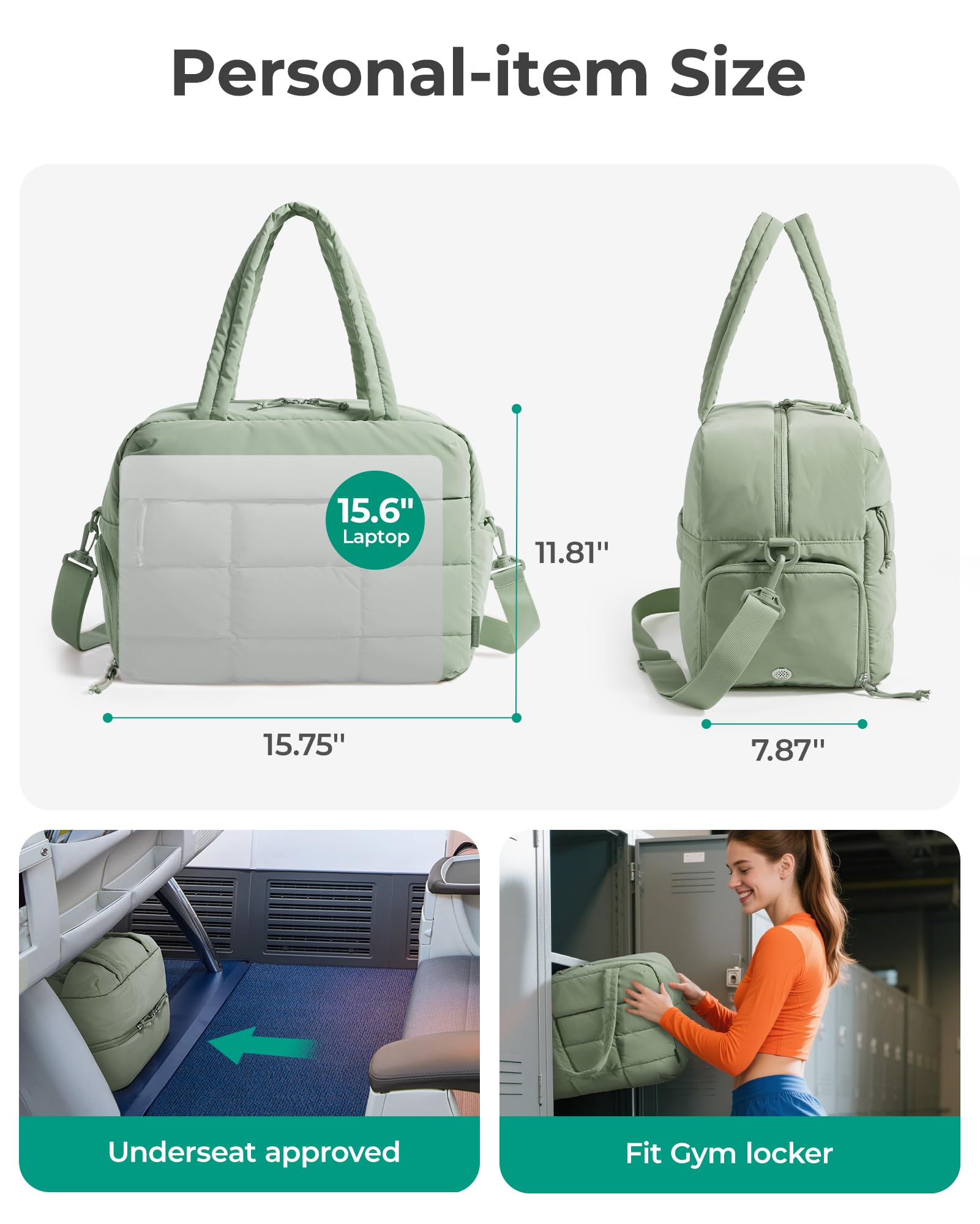 BAGSMART Gym Bag for Women, Carry on Travel Duffel Bag, Water-resistant Weekender with Shoe Compartment for Gym Travel Work, Green, Medium