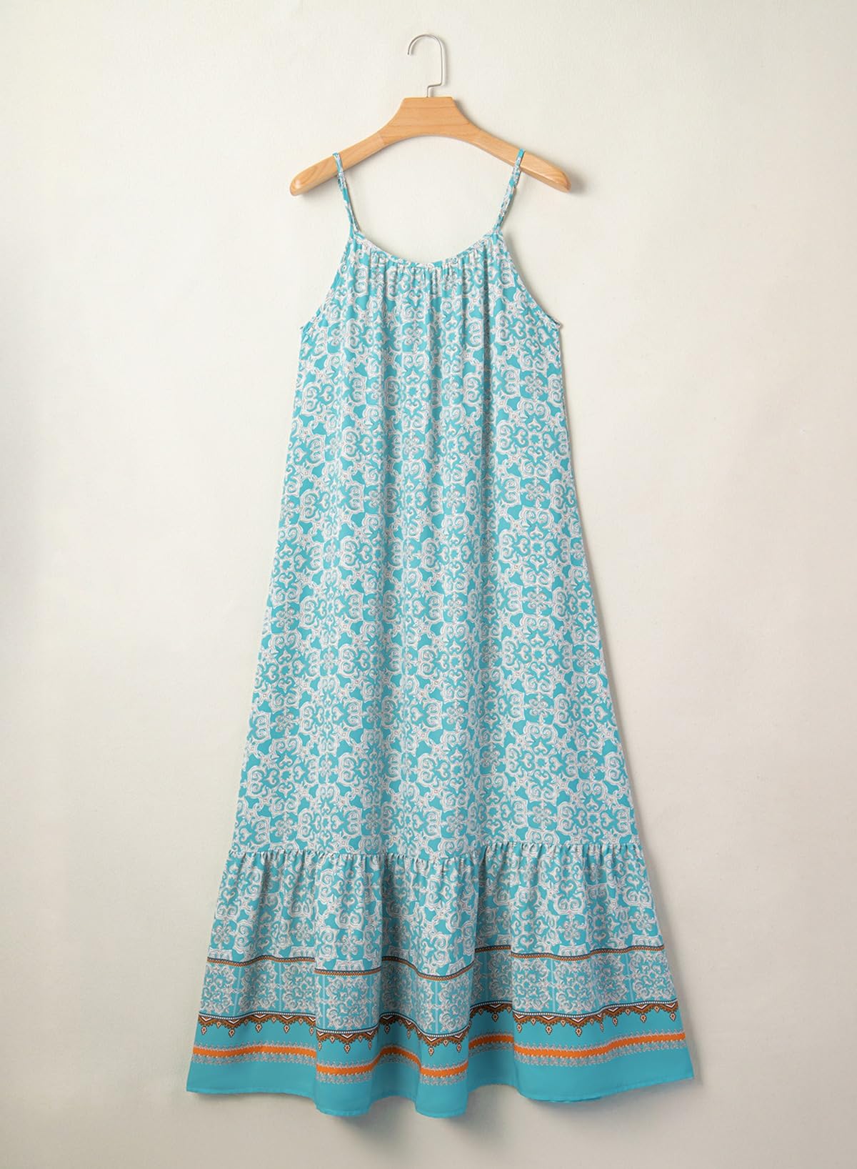 Dokotoo Summer Maxi Dress for Women U Neck Floral Boho Dress Sleeveless Spaghetti Strap Sun Dress Ruffle A Line Casual Dresses for Outgoing Beach Vacation Essentials Large Sky Blue