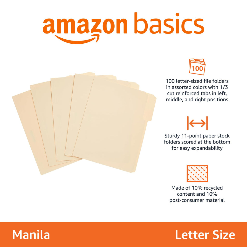 Amazon Basics Sturdy File Folders with Reinforced Tabs for Filing and Organization, 1/3-Cut Tab, Assorted Positions, Letter Size, 8.5x11 inches, Manila, 100-Pack