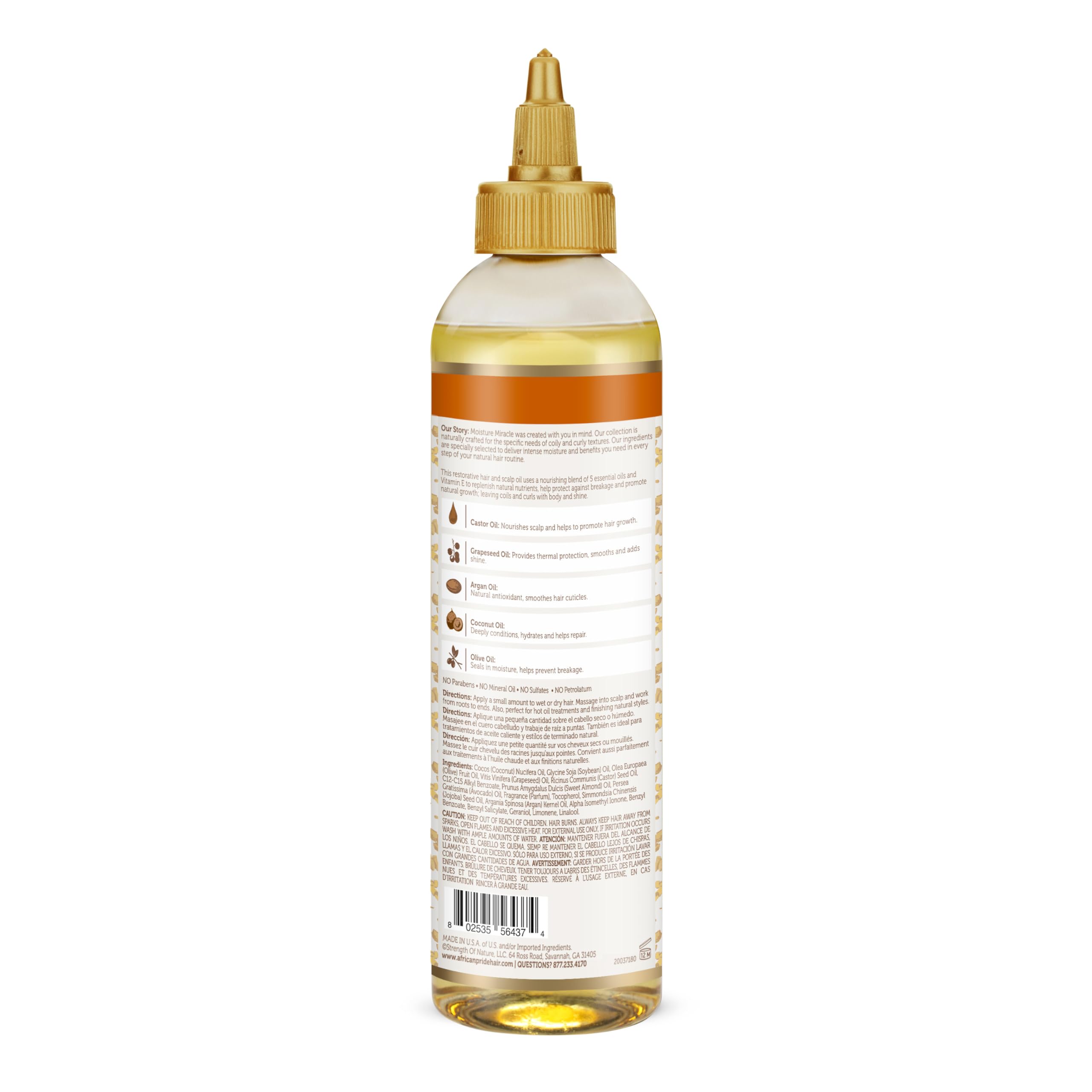 African Pride Moisture Miracle 5 Essential Hair Oils with Vitamin E | Moisture, Shine, Protection, and Growth | Argan, Castor, Grapeseed, Coconut, and Olive Oil | 8 oz
