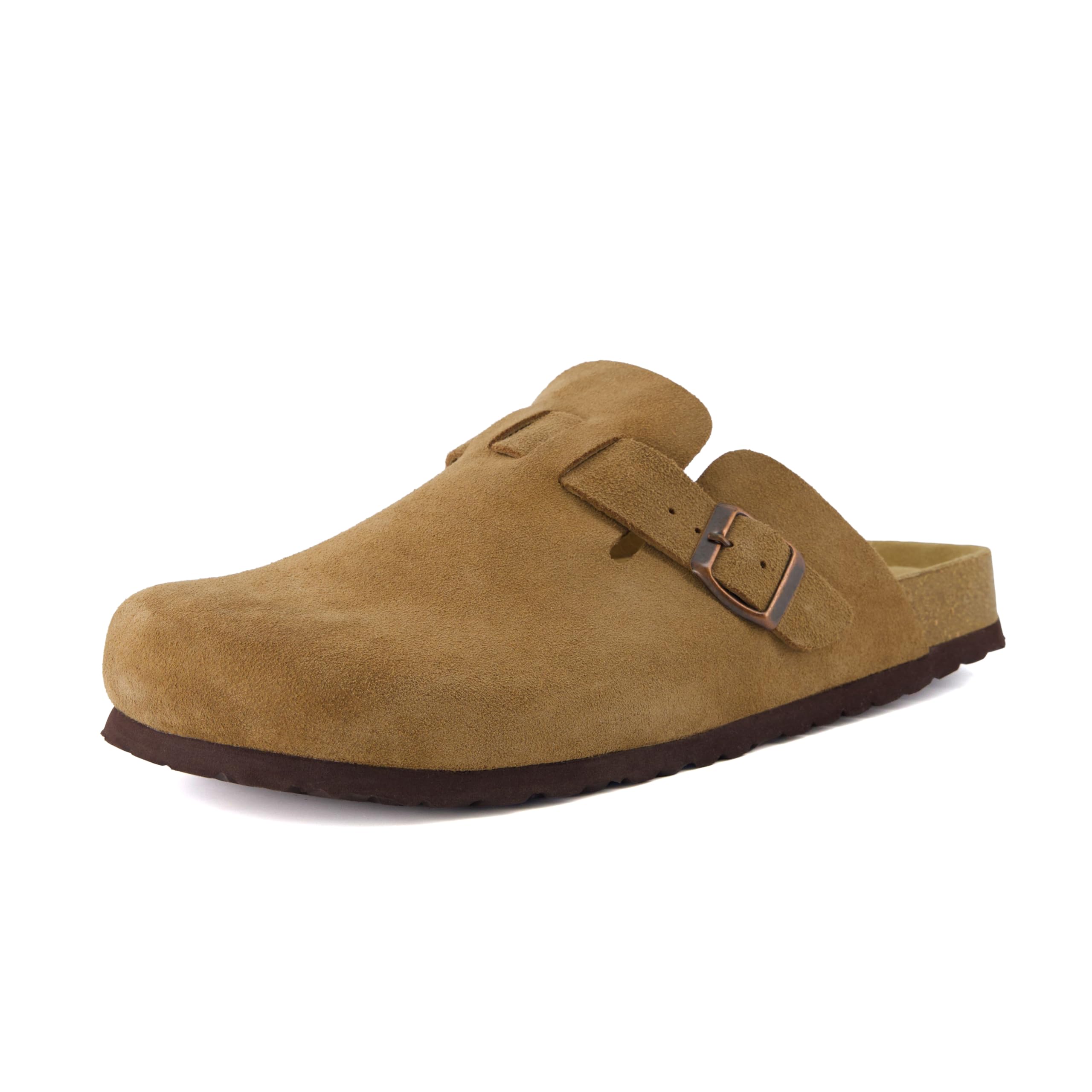 CUSHIONAIRE Haze Genuine Suede Leather Mens Clogs - Comfortable Slip On Potato Shoes for Men with Adjustable Buckle, BROWN 10