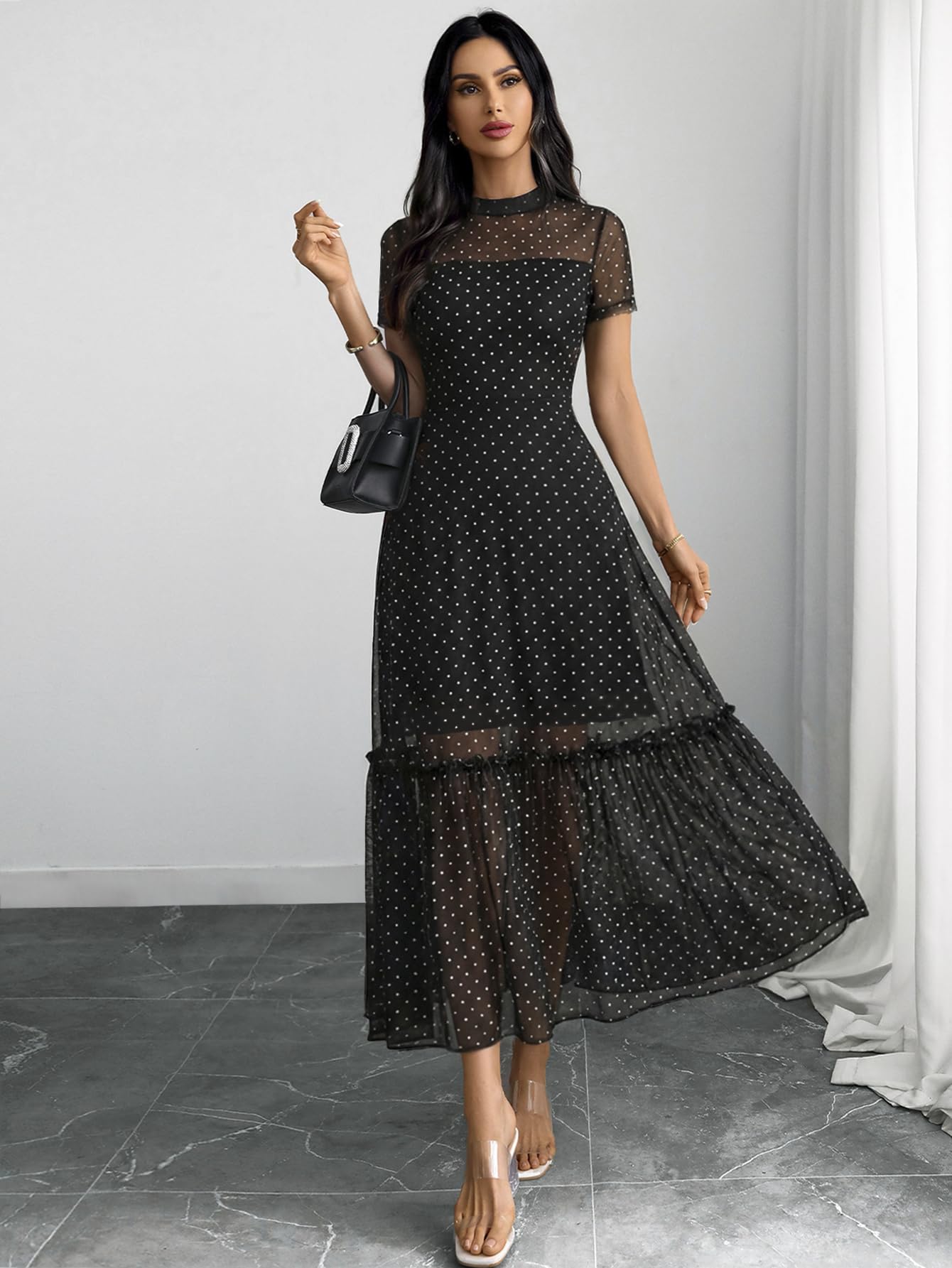 GothDark Women's Summer Floral Mesh Ruffle Dress Short Sleeve Round Neck Waist Cinched Casual Maxi Wedding Guest Dresses Polka Dot