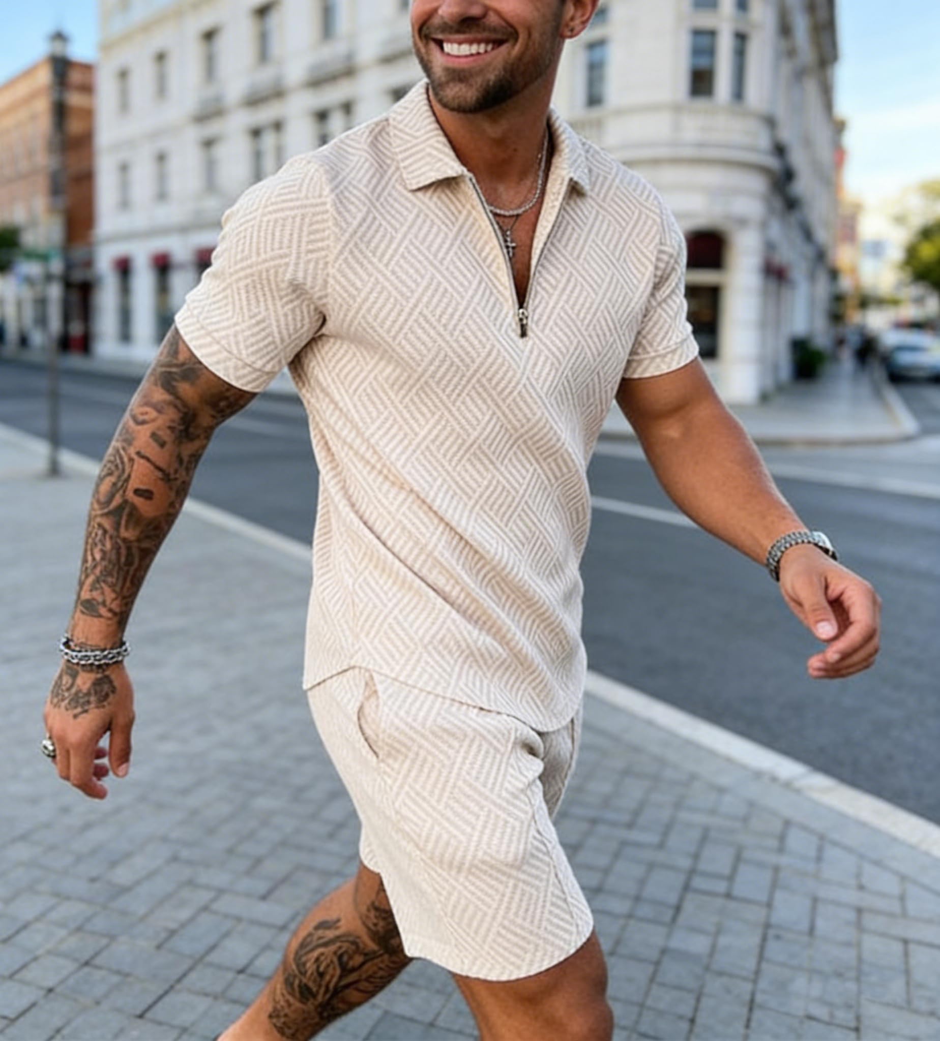 BIRW Size L Beige Mens Short Sets 2 Piece Outfits Polo Shirt Fashion Summer Tracksuits Casual Set Short Sleeve and Shorts Set for Men