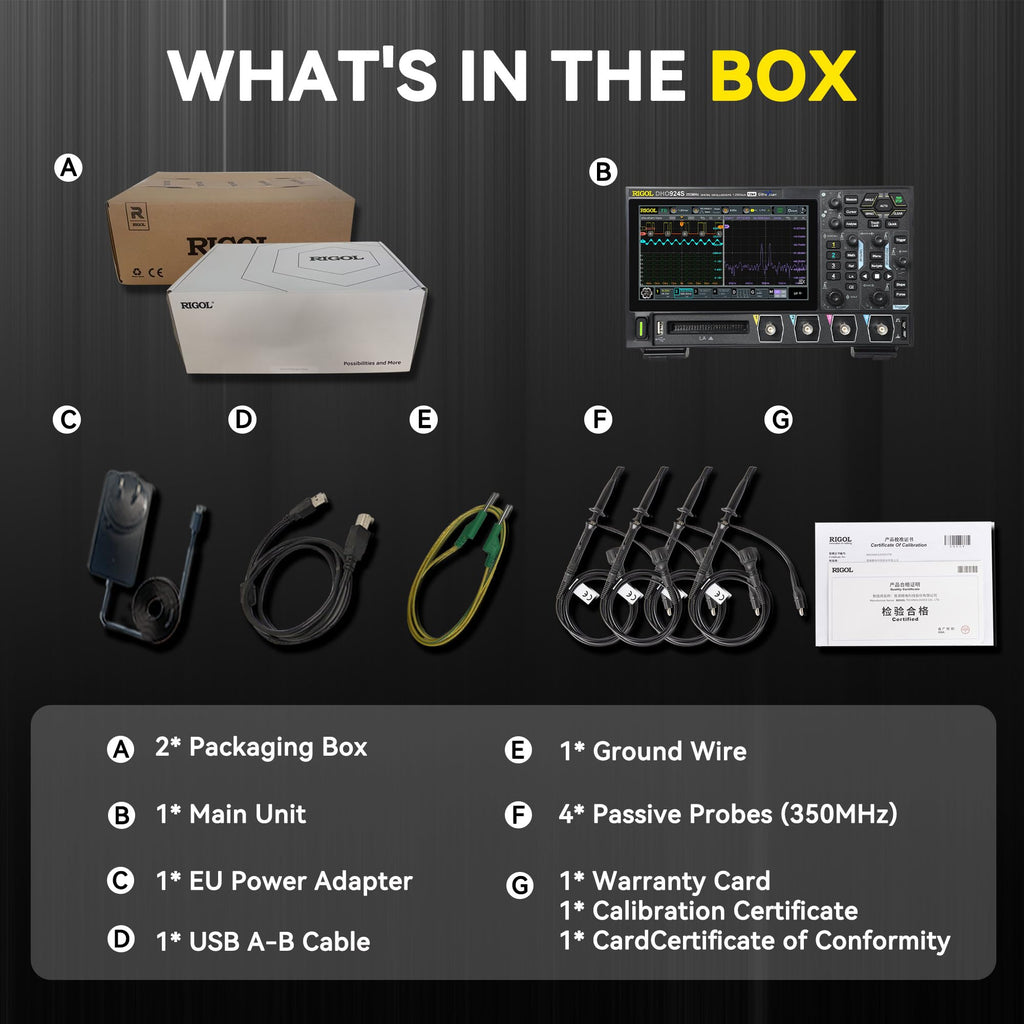 RIGOL Digital Oscilloscope DHO924S 250 MHz 4-Ch + 16 Digital 1.25 GSa/s 12-bit 50 Mpts UltraAcquire 1,000,000 wfms/s AFG + Bode Plot LAN/USB/HDMI SCPI for Power & Embedded