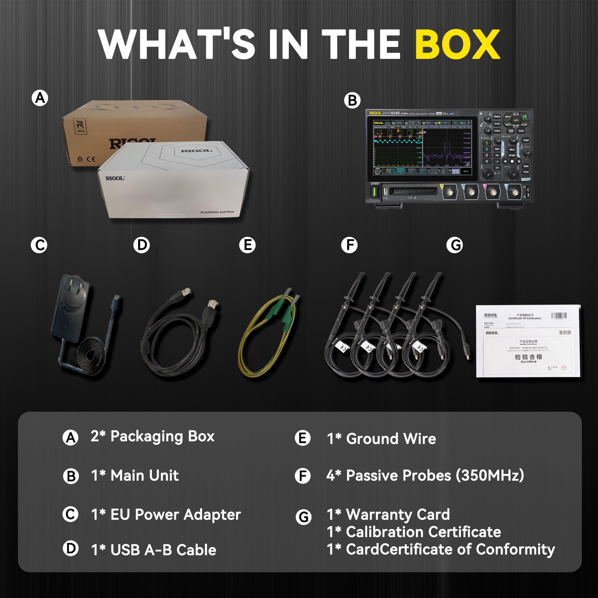 RIGOL Digital Oscilloscope DHO924S 250 MHz 4-Ch + 16 Digital 1.25 GSa/s 12-bit 50 Mpts UltraAcquire 1,000,000 wfms/s AFG + Bode Plot LAN/USB/HDMI SCPI for Power & Embedded