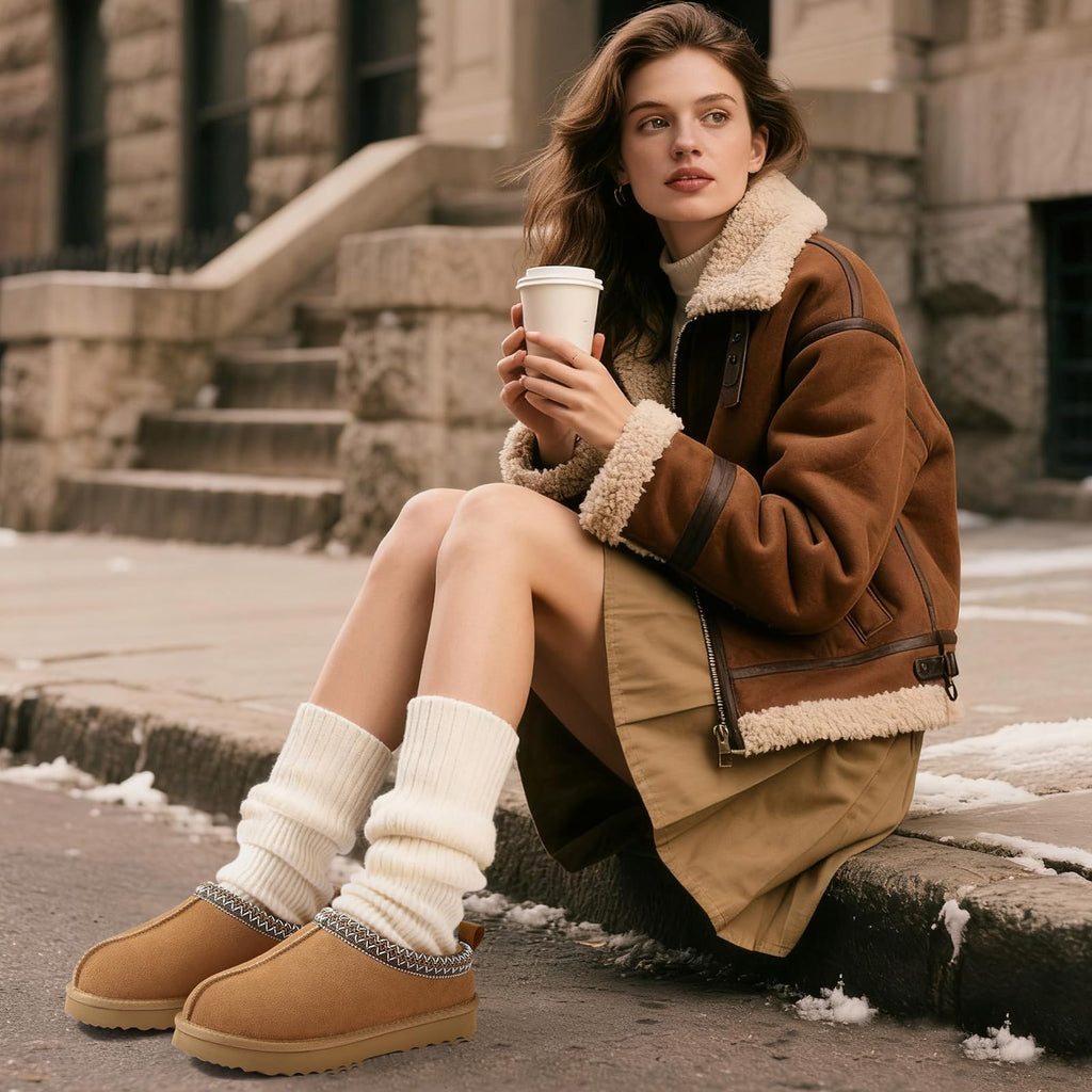 bebealy Genuine Suede Fuzzy Slippers for Women Winter Warm House Shoes Cozy Mini Boots for Indoor Outdoor, Chestnut 39