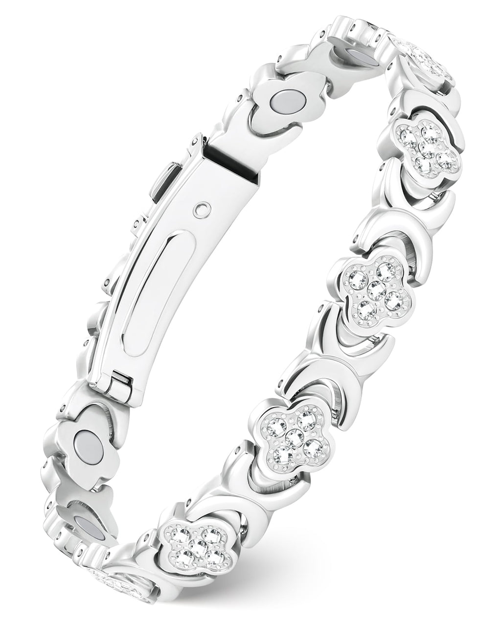 Feraco Pure Copper Bracelets for Women, Ultra Strength Magnetic Bracelet with 3800 Gauss Magnets & Sparkling Zirconia, Adjustable, Infinite Clover Jewelry (Silver)