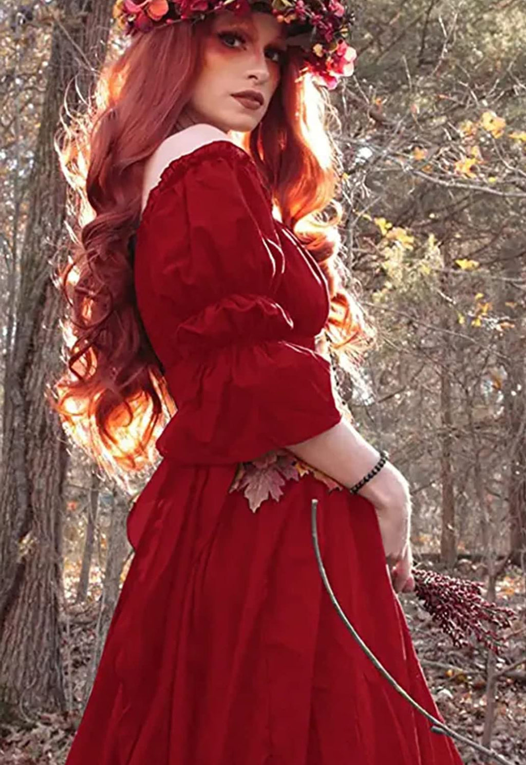 BITSEACOCO Women Medieval Victorian Off Shoulder Dress, Gothic Puff Sleeve Irish Chemise Dresses, Renaissance Costume High Low Long Skirts (S, Wine Red)