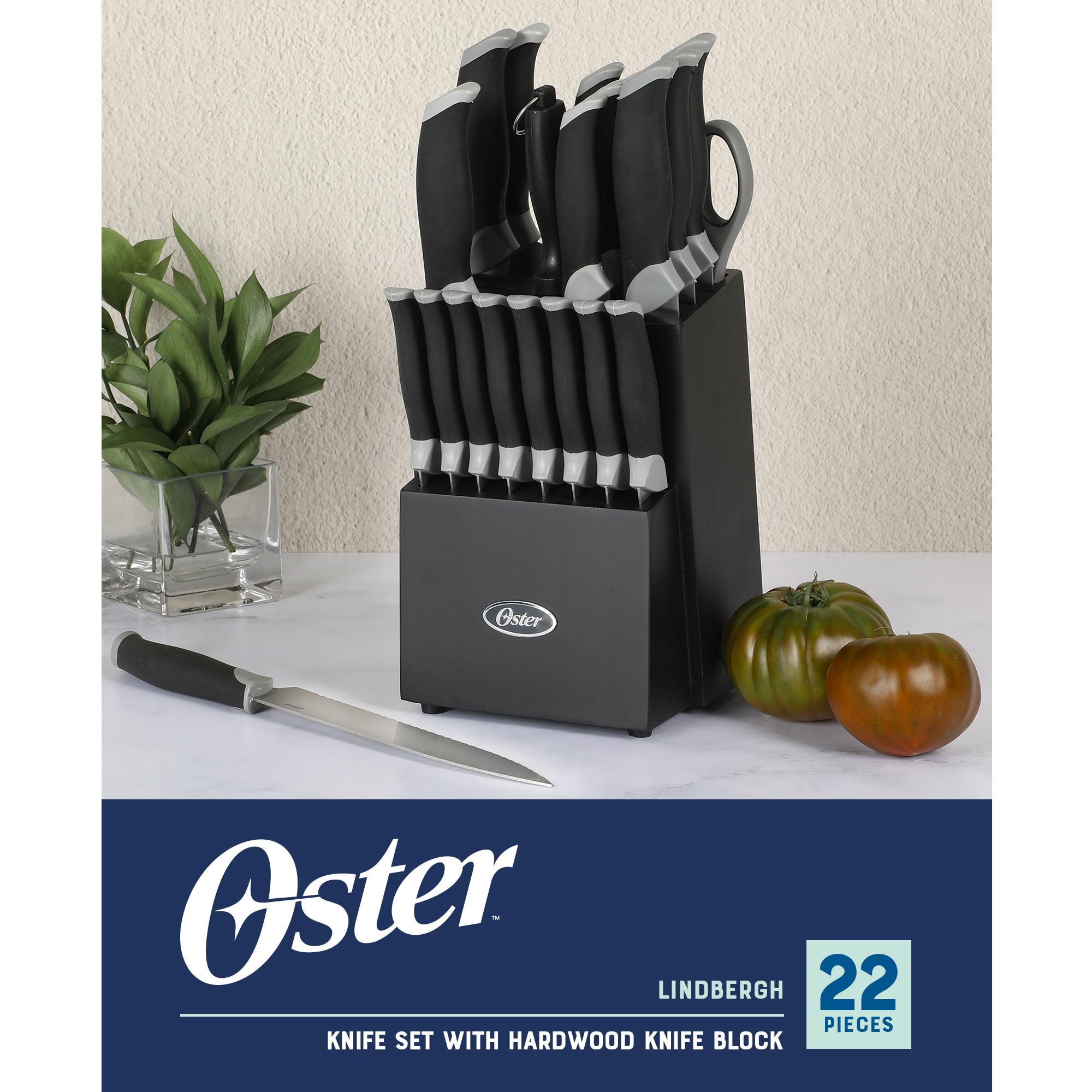 Oster Lindbergh 22 Piece High Carbon Stainless Steel Cutlery Kitchen Knife Block Set w/Black Knife Block - Black Handle - Cuchillos Para Cocina