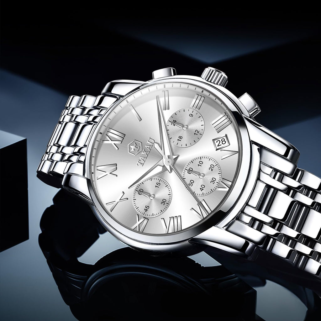 Taxau Silver Watches for Men Stainless Steel Chronograph White Face Multi-Function Men Wristwatch Analog Quartz Fashion Roman Numeral Date Men's Dress Watches Water Resistant Luminous Watch