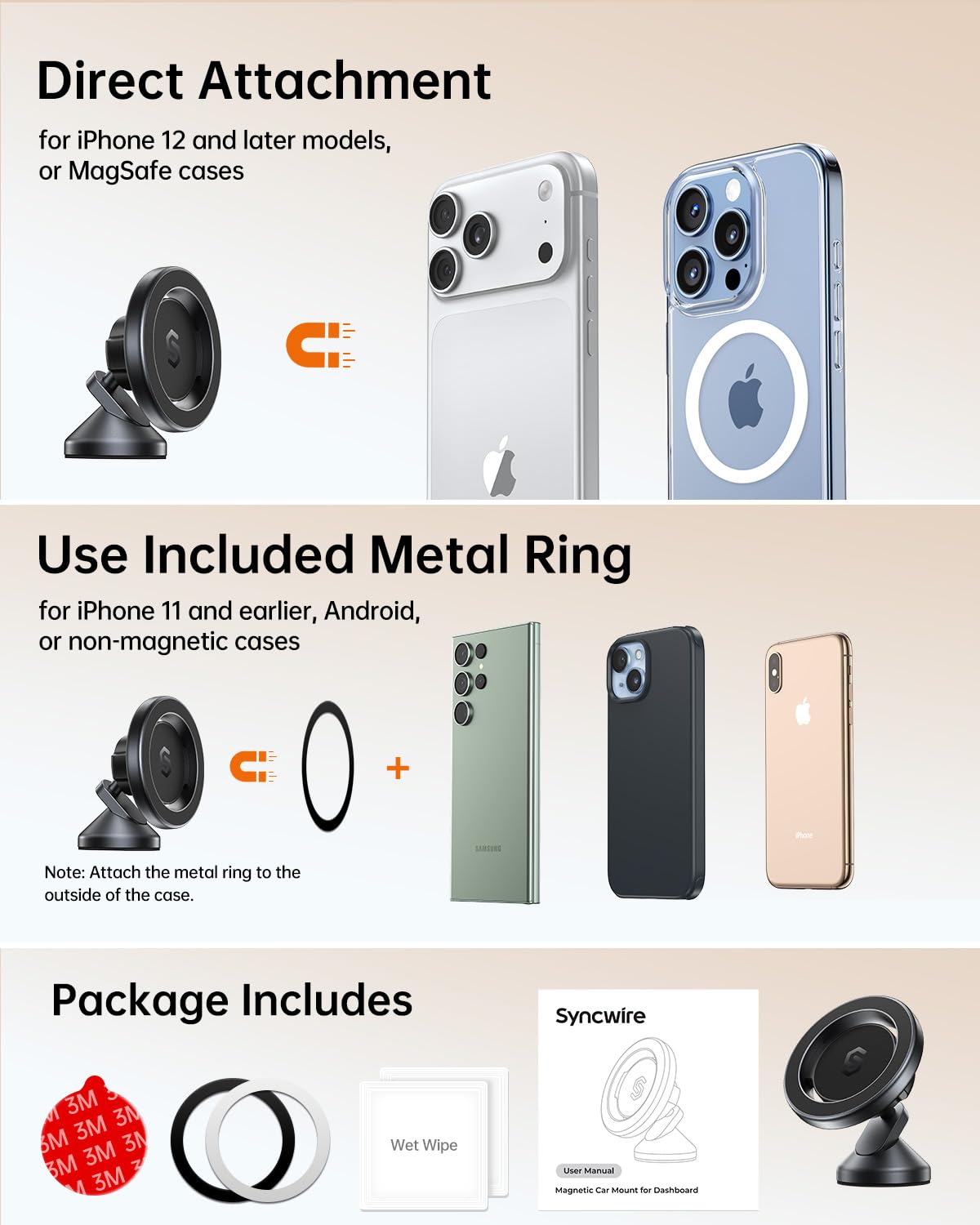SYNCWIRE for MagSafe Car Mount - 360 Rotation Magnetic Phone Holder for Car Dashboard, Strong Magnet Car Phone Holder Mount Compatible iPhone 17 Pro Max Air 16 15 14 13 - Car Accessories for Women Men