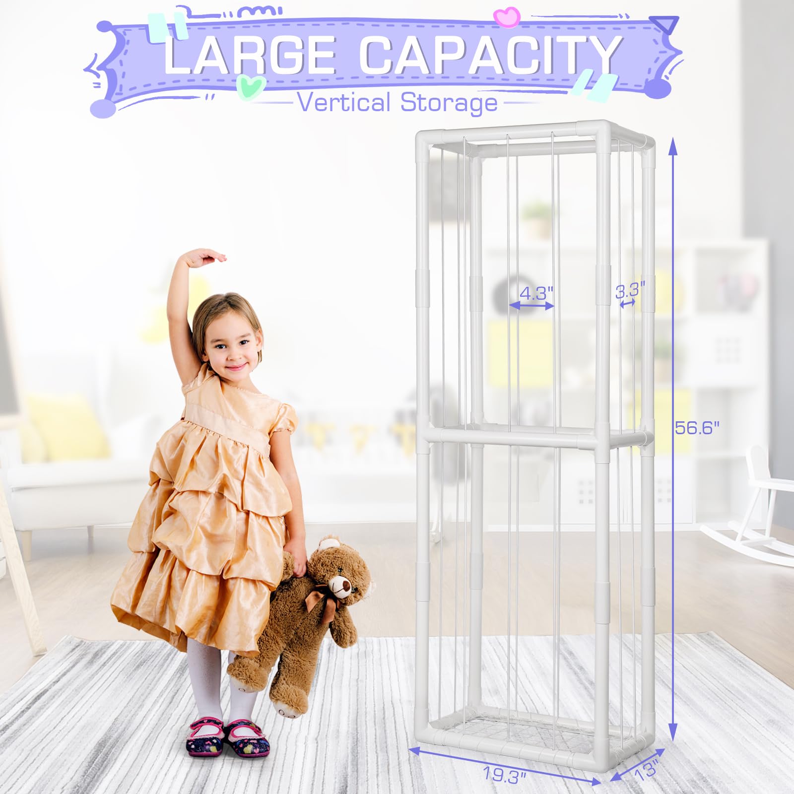 Trycooling Stuffed Animal Storage Zoo Holder Space Save Vertical PVC with Elastic Band and Net for Playroom Bedroom Nursery (White 1)