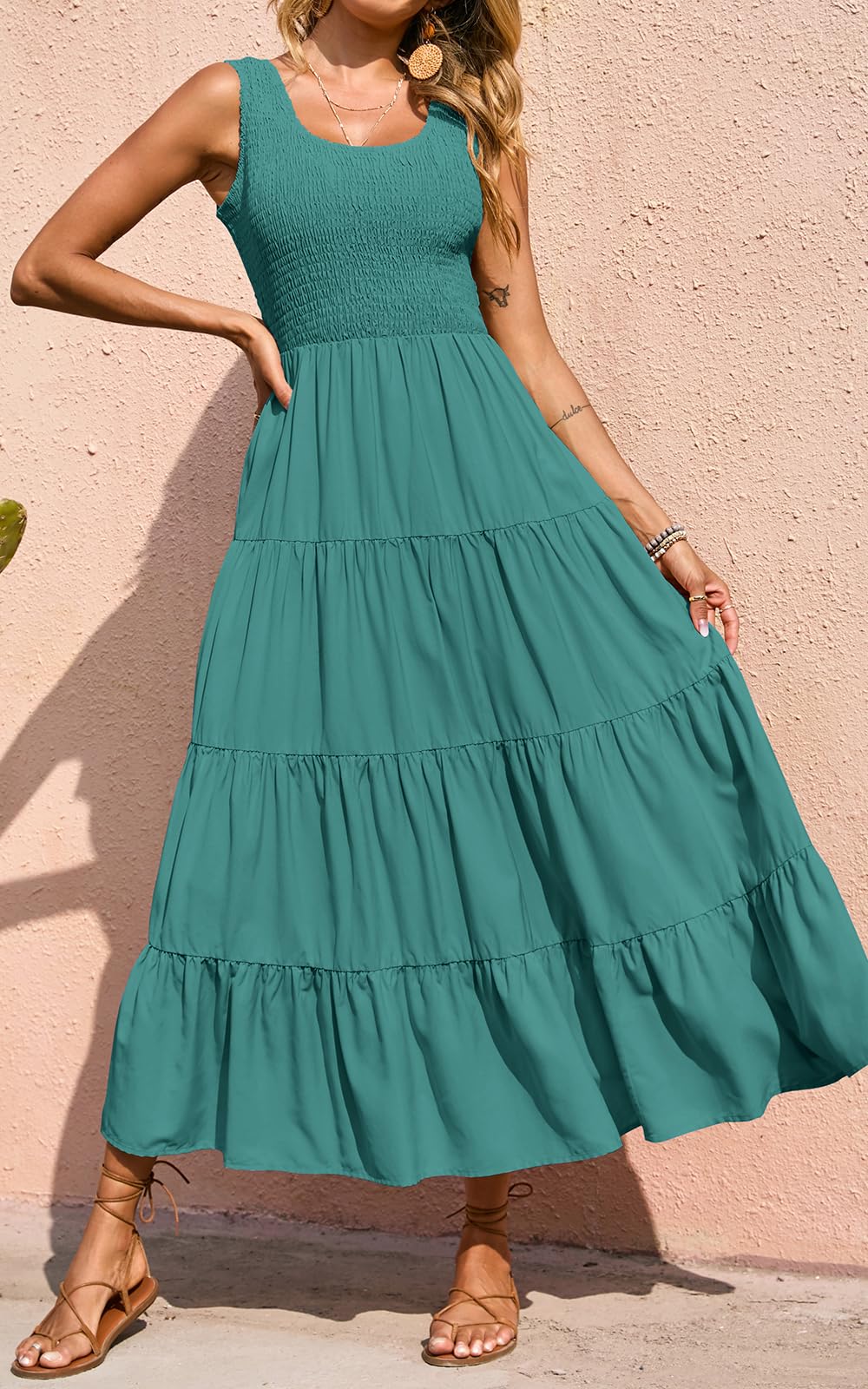 PRETTYGARDEN Sleeveless Flowy Spring Wedding Guest Dresses for Women Long Dress Smocking Top Crewneck Maxi Dresses (Bean Green, Small)