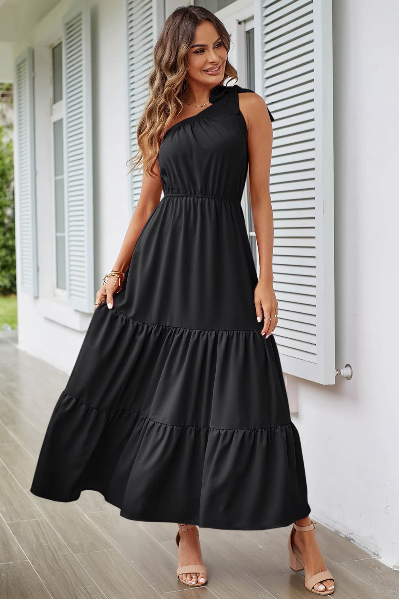 PRETTYGARDEN Women's Summer Floral Maxi Dress Knot One Shoulder Sleeveless Ruffle Flowy Boho Beach Wedding Guest Dresses (Solid Black,XX-Large)
