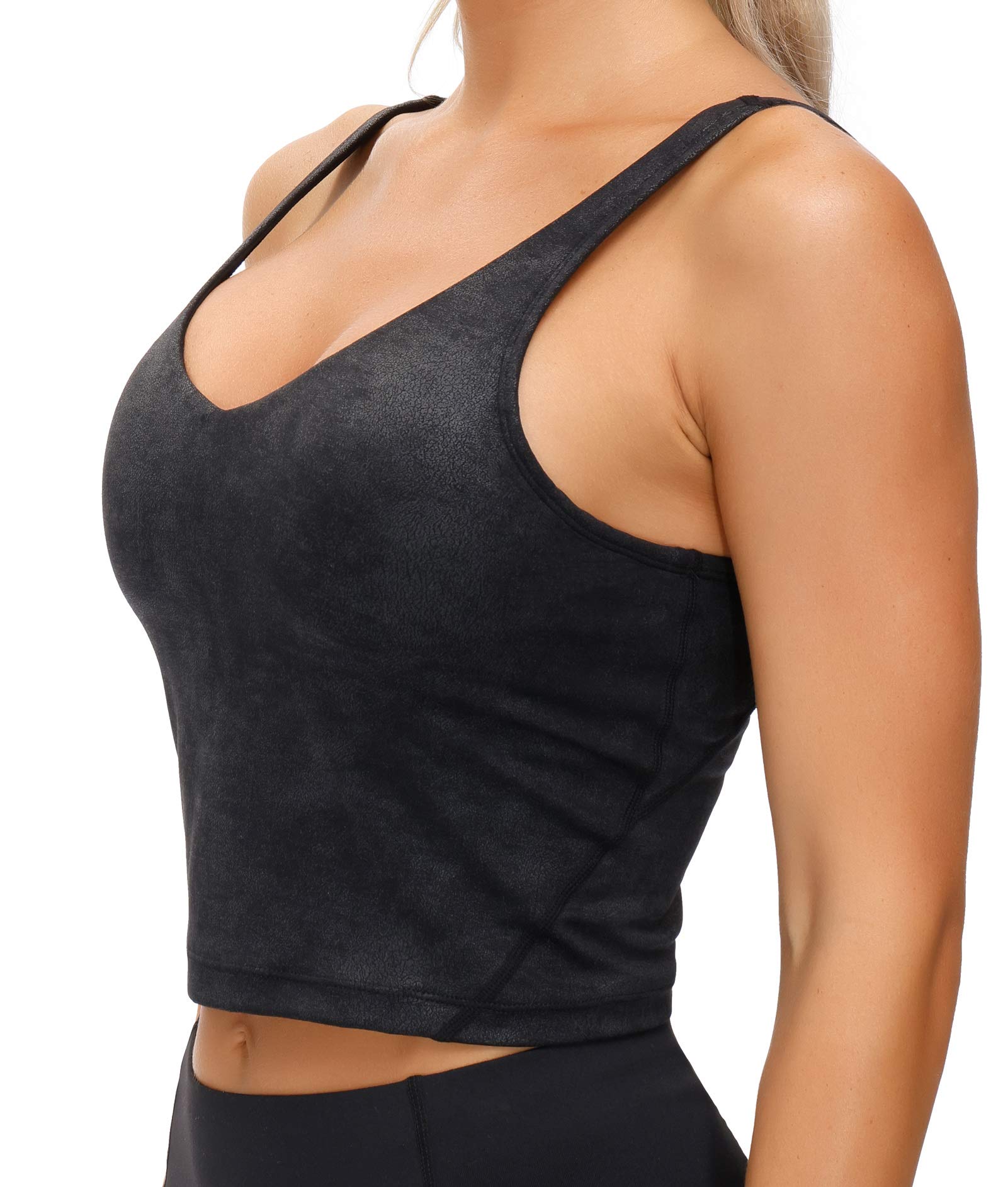 THE GYM PEOPLE Women’s Longline Sports Bra Wirefree Padded Medium Support Yoga Bras Gym Running Workout Tank Tops (Faux Leather Coated, Medium)