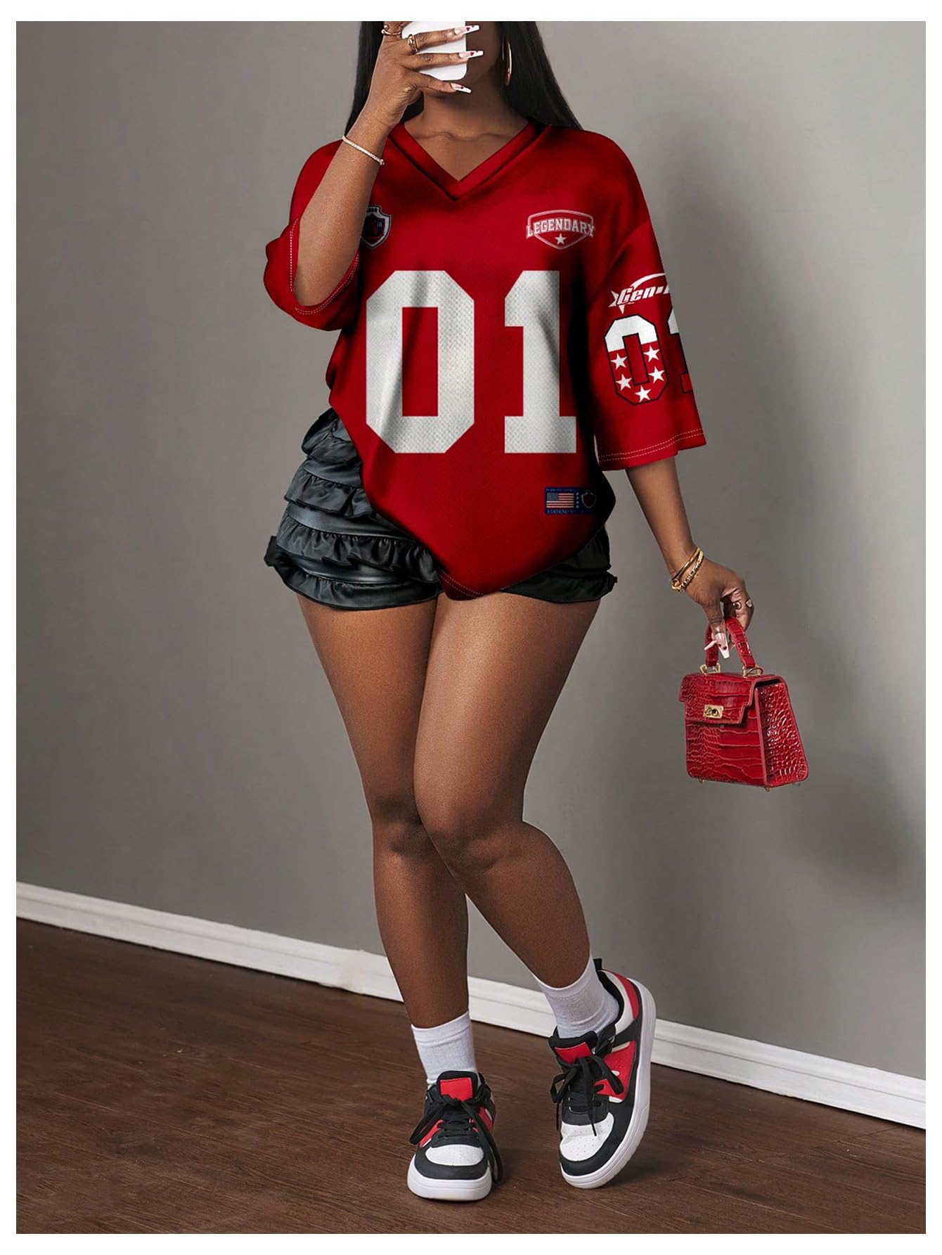 WDIRARA Women's Oversized Jersey Shirts Number Graphic Tee V Neck Half Sleeve T-Shirt Tops Red X-Large