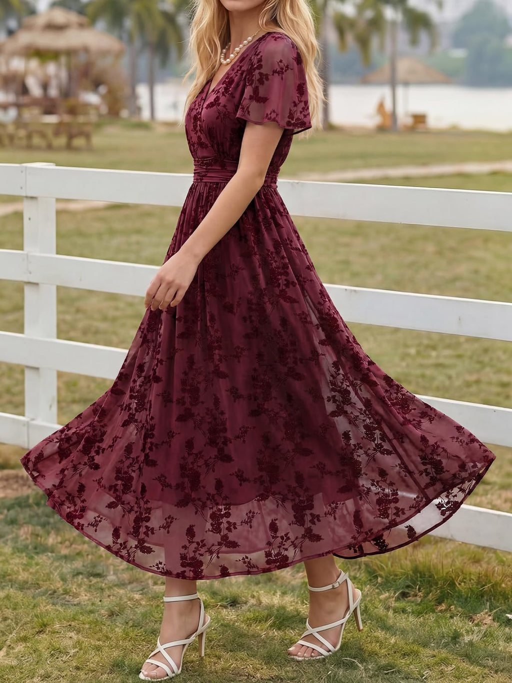LILLUSORY Wedding Guest Maxi Dress 2026 Women Summer V Neck Short Sleeve Floral A Line Long Brunch Cocktail Wrap Dress with Pockets Formal Elegant Flowy Outfits Burgundy