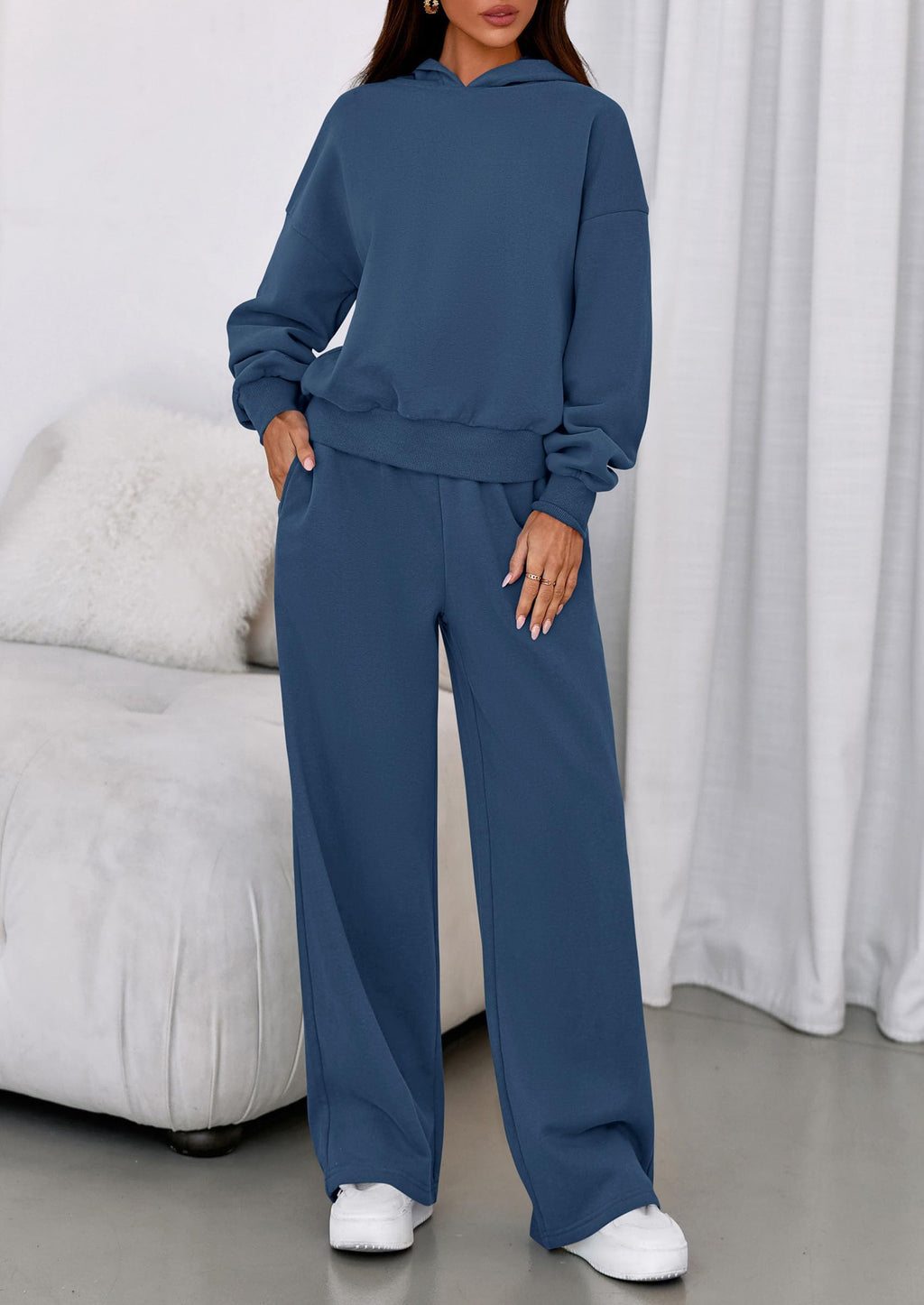 PRETTYGARDEN Womens Sweatsuits 2 Piece Set 2026 Casual Winter Long Sleeve Hoodie Loose Wide Leg Sweatpants Fall Tracksuit (Grey Blue,Medium)