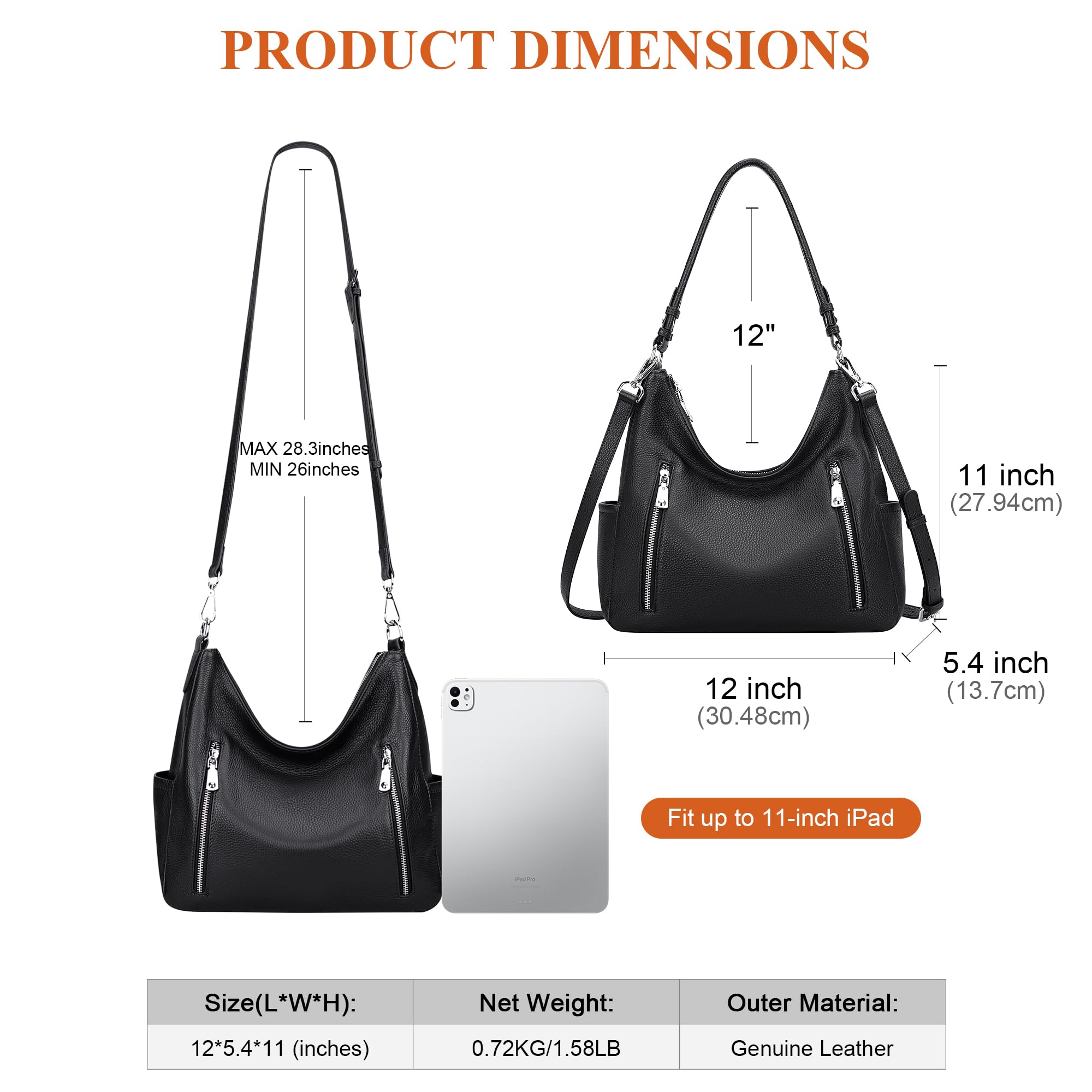Over Earth Genuine Leather Purses for Women Medium Hobo Bag Lady Crossbody Handbags with 2 Detachable Straps(O150E UG Black)