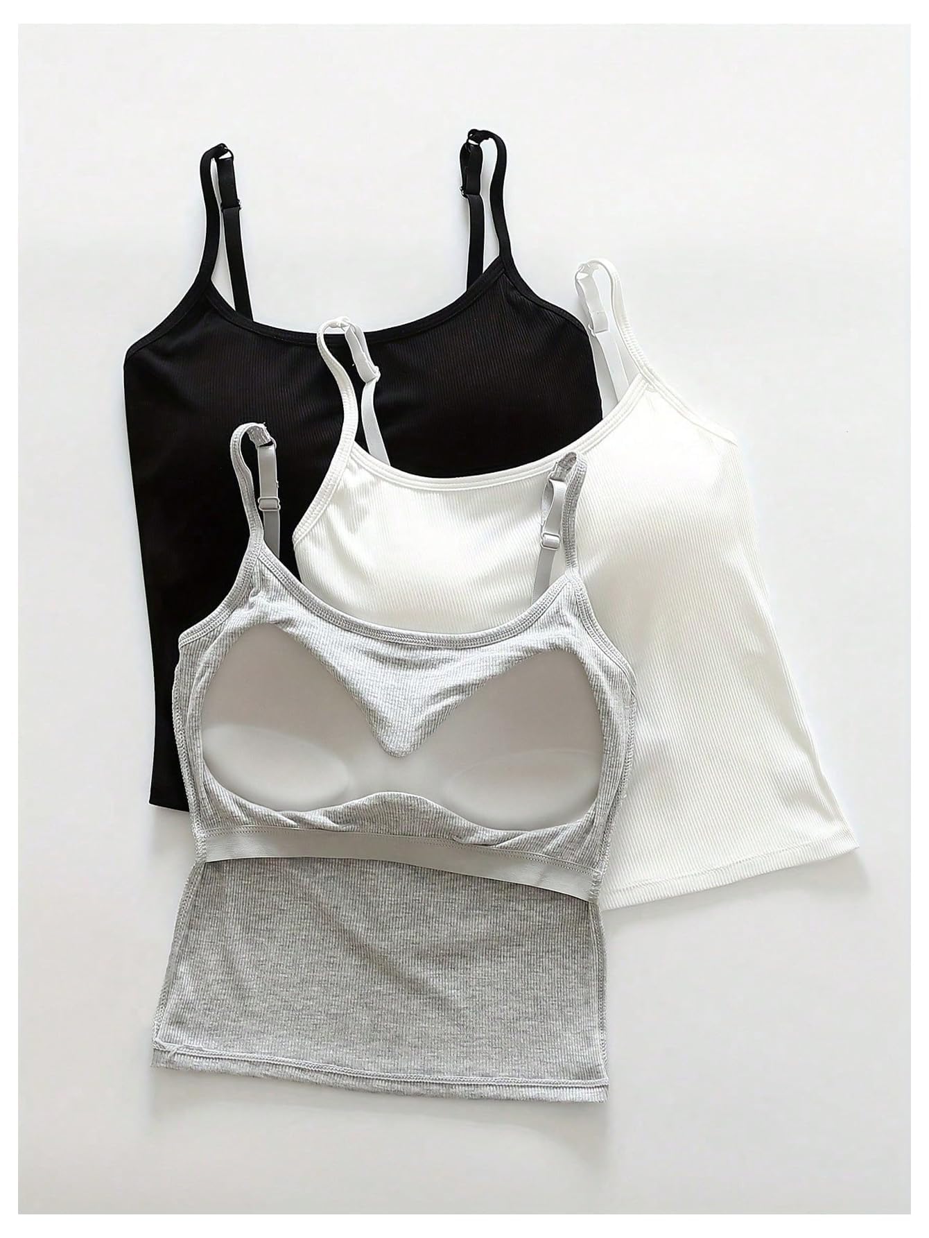 WDIRARA Women's 3 Pack Cami Crop Top Built in Bra Spaghetti Strap Tank Camisole Tops Black White Grey Large