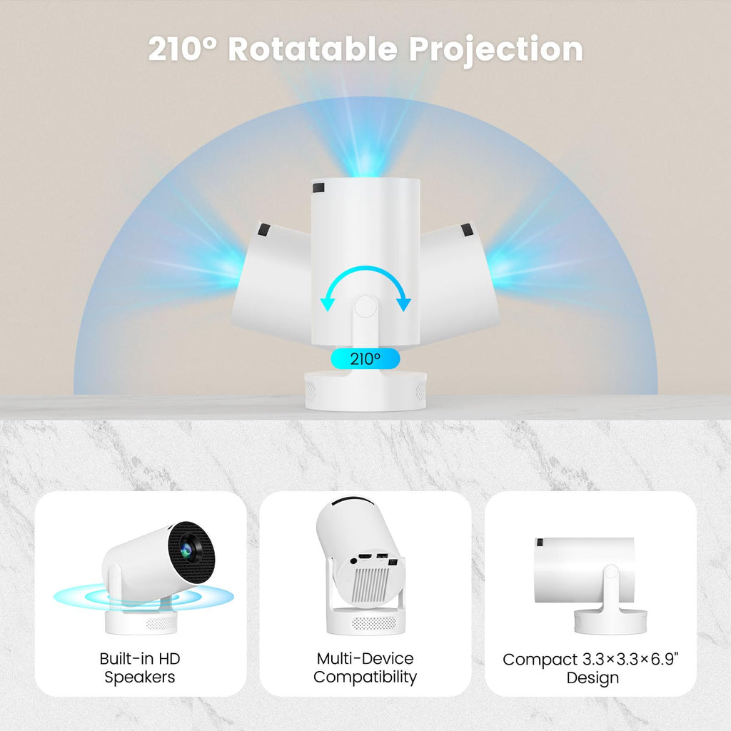 Mini Portable Projector with 4K Support, Bluetooth 5.4 WIFI6, 5watt Sound Base Speaker, 160 ANSI, Android 11, 210° Rotation , Auto Keystone Correction Video Projector HY300 ULTRA