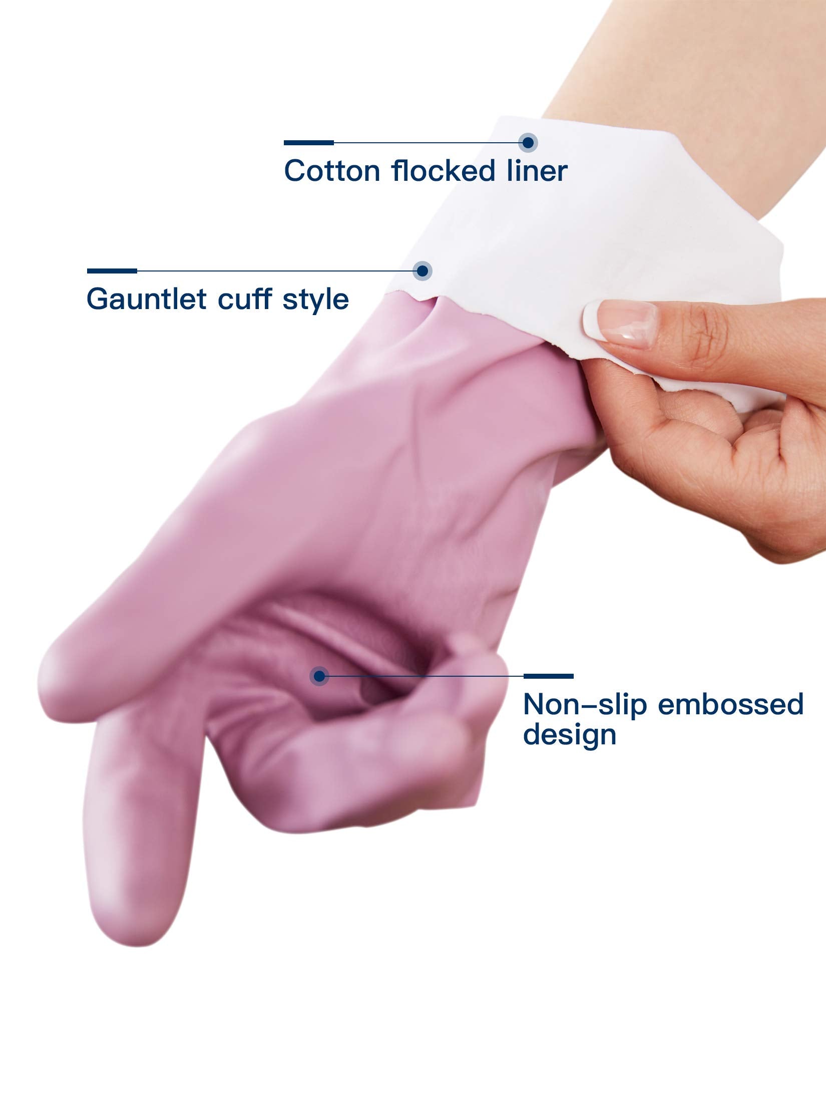 LANON 3 Pairs wahoo Skin-Friendly Cleaning Gloves, Dishwashing Kitchen Gloves with Cotton Flocked Liner, Reusable, Non-Slip, Mauve Mist, Small